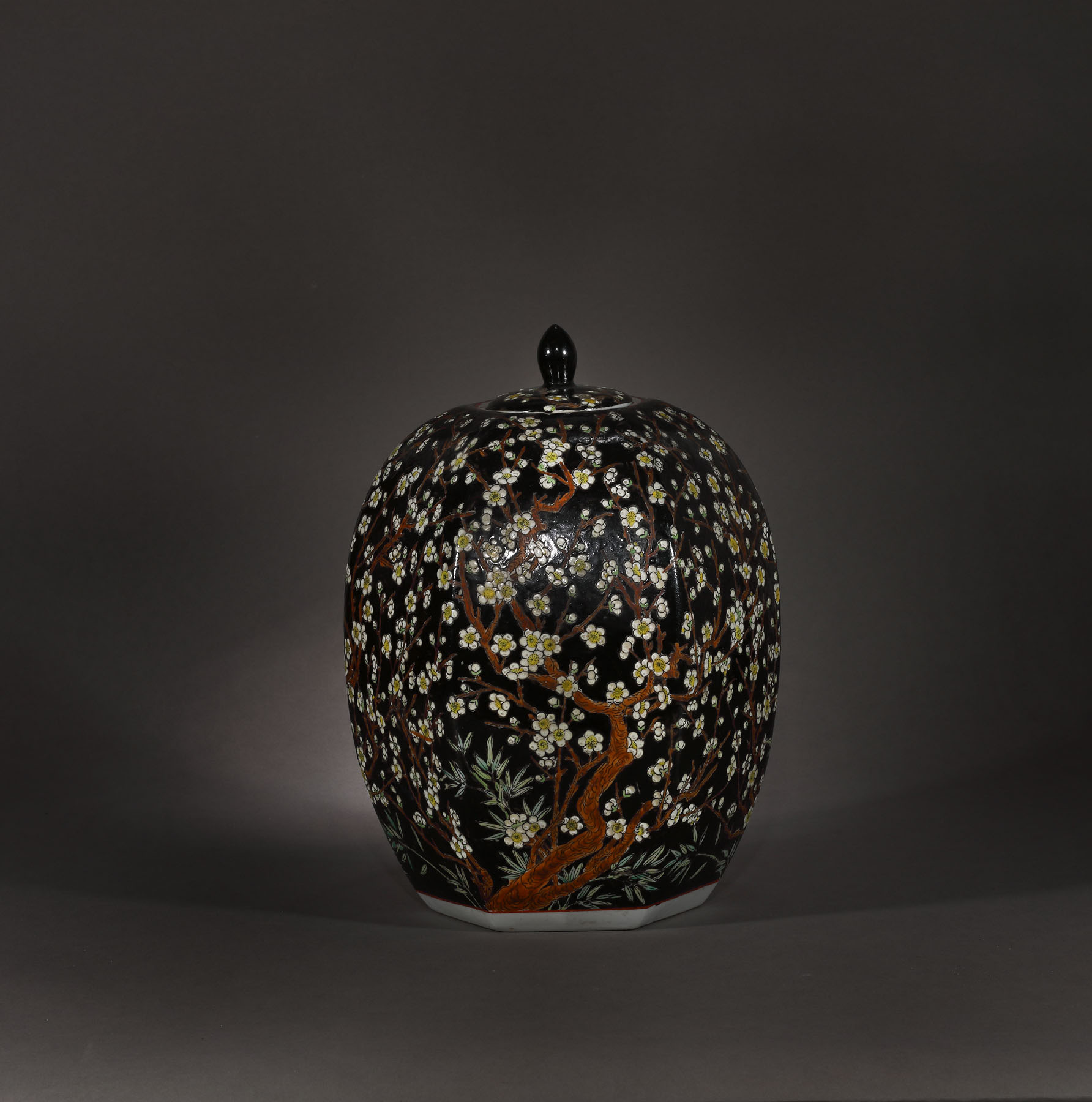 Porcelain vase with the cherry tree and flowers on a black backdrop, Guangxu mark, Guangxu period, China, ca. 1875-1908