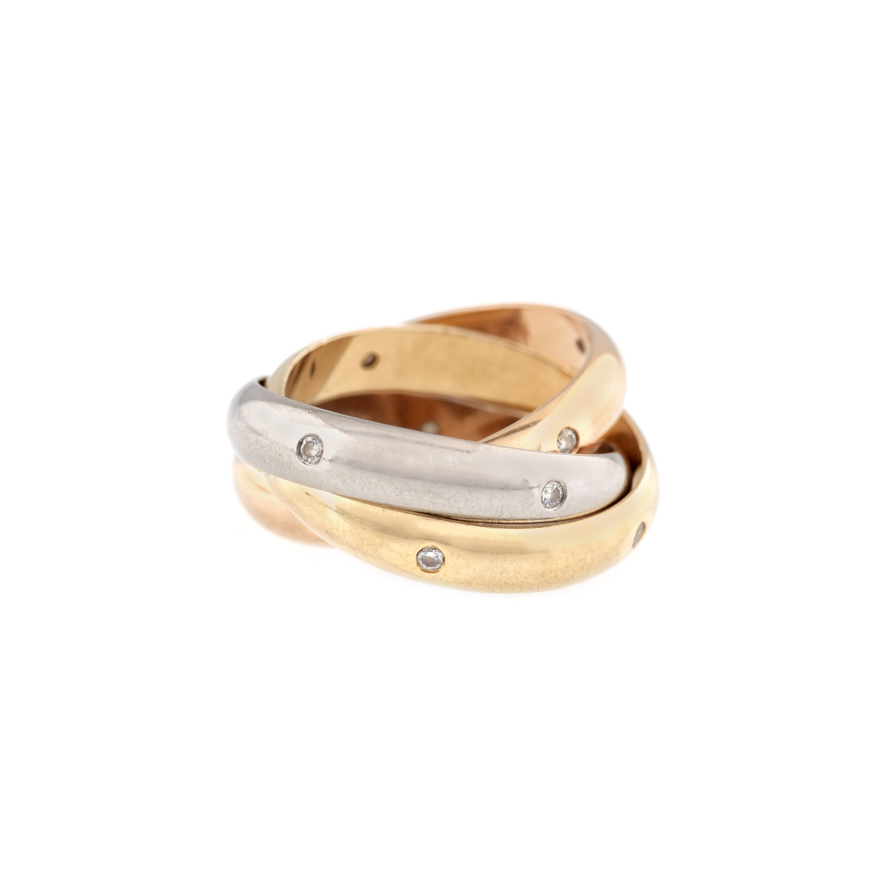 Inel Cartier Trinity, din aur în trei culori, presărat cu diamante, piesă însoțită de certificat de autenticitate