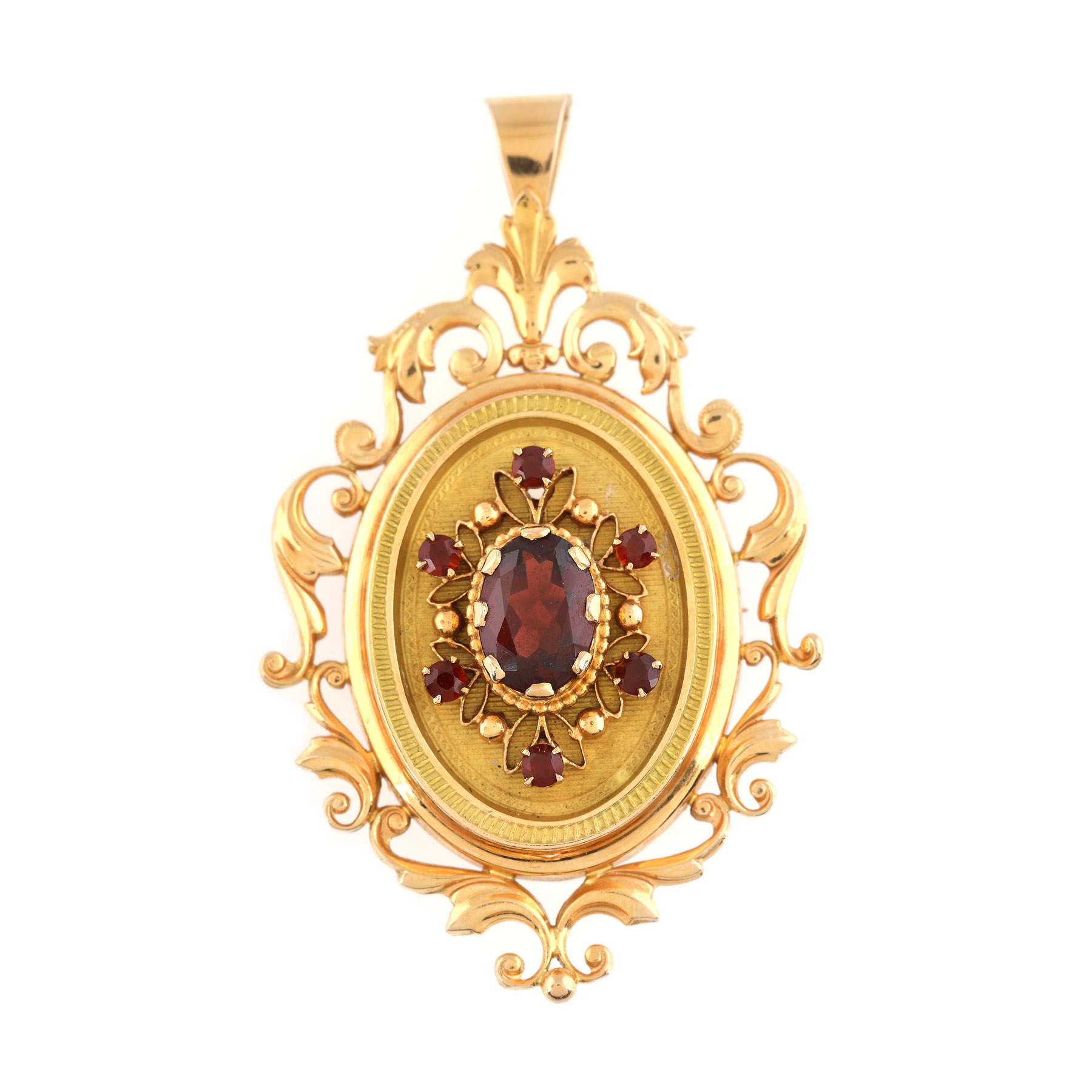Broșă-pandantiv din aur, realizată în manieră Biedermeier, decorată cu granate 