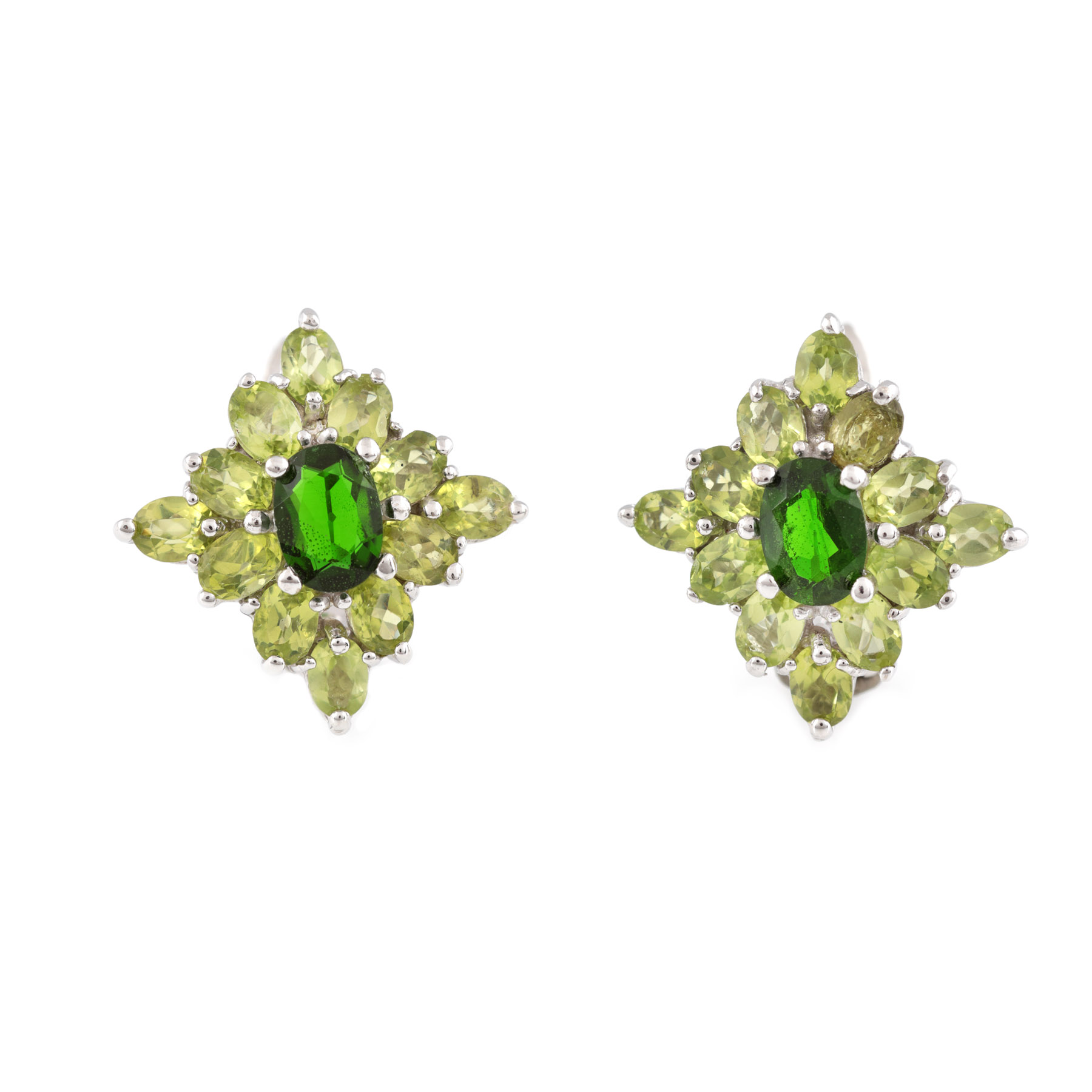 Pereche de cercei din argit aurit, decorată cu peridote verzi și crom diopside