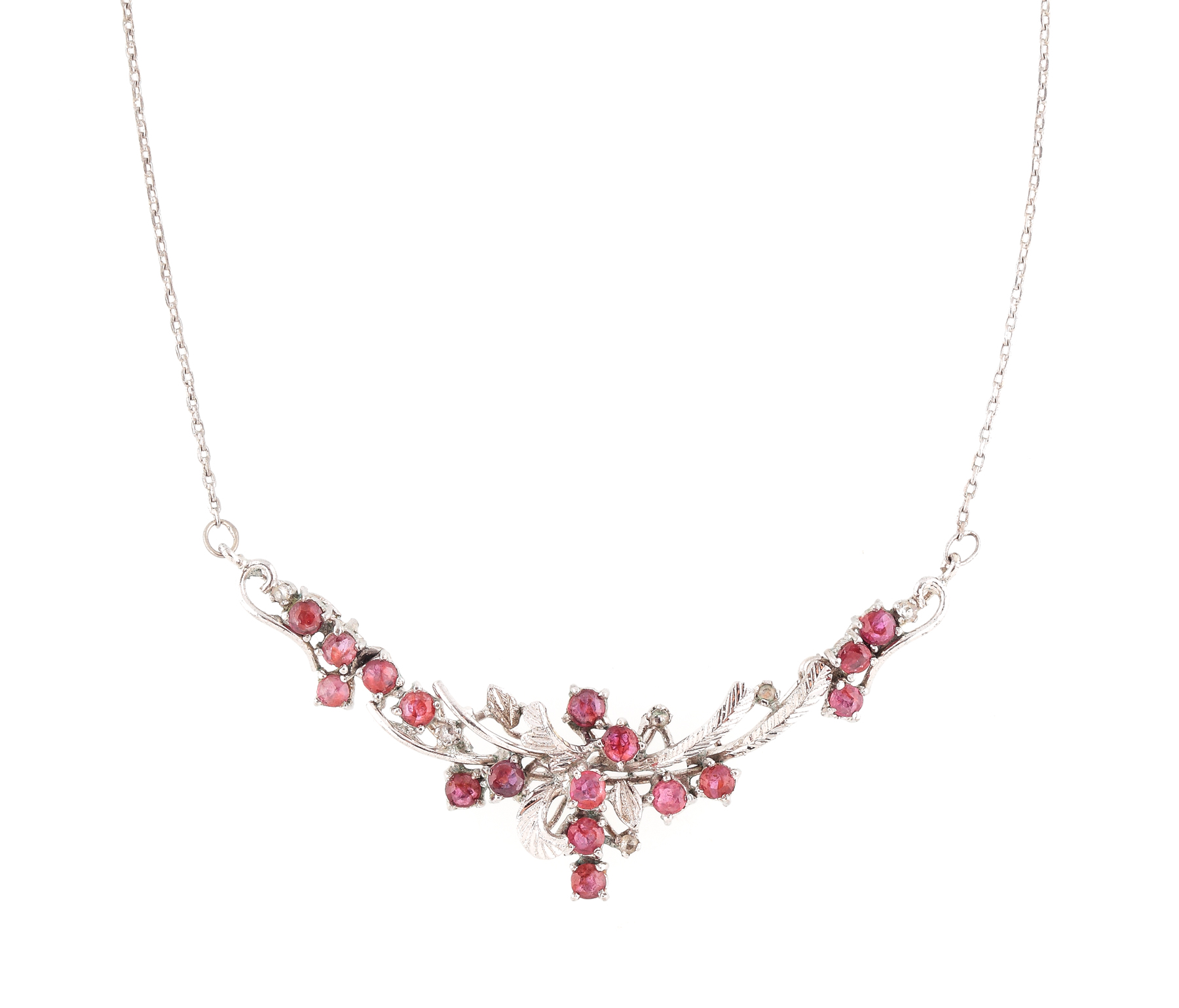 Elegant silver chain, ornate with floral motifs of rubies and topazes