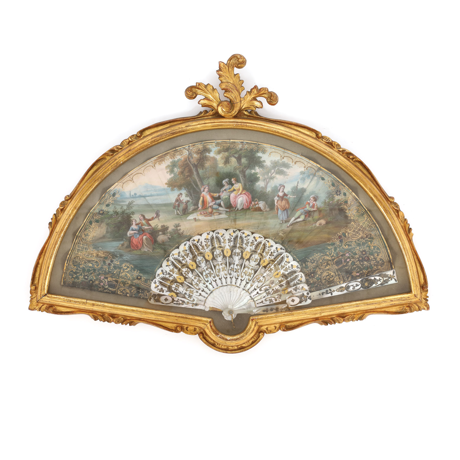 Evantai decorat cu scenă bucolică pictată manual, cu mâner din sidef, cca. 1885