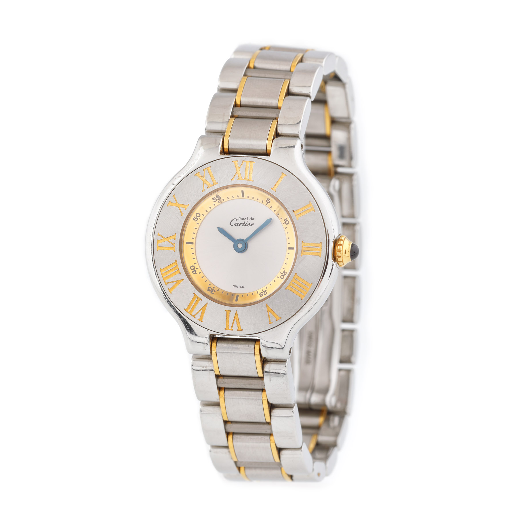 Ceas Cartier Must 21, de mână, de damă, ornat cu cifre din aur pe bezel