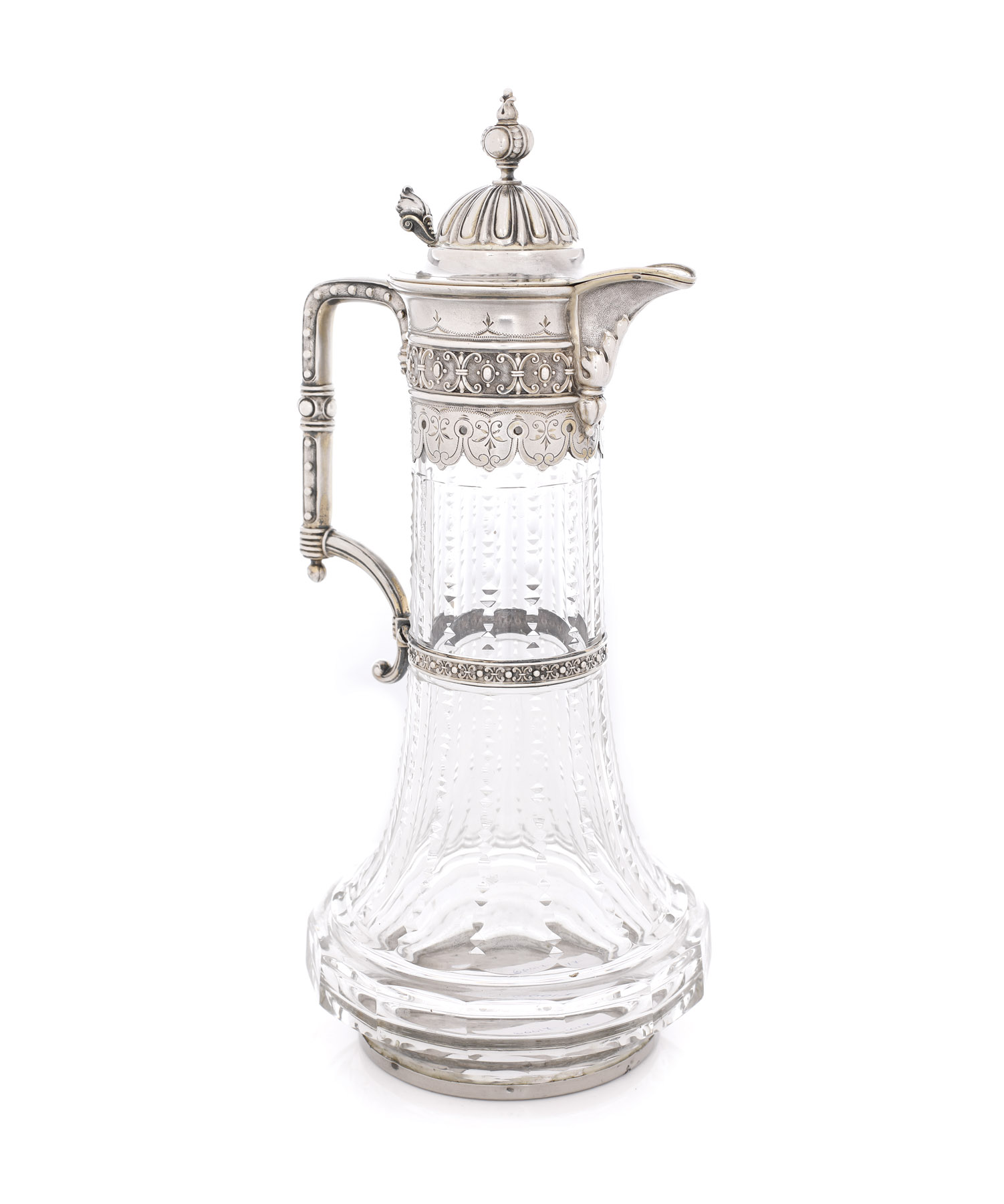 Carafă de inspirație Neo-Renascentistă, pentru vin, din sticlă, cu ansă și capac din argint, cca. 1900