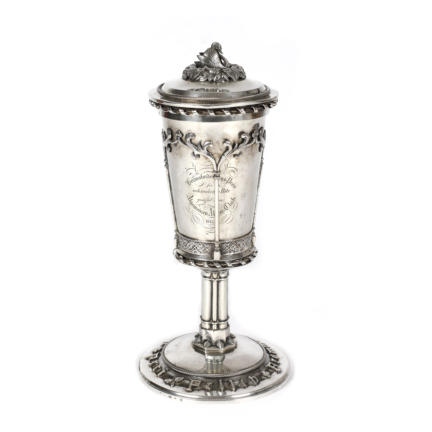 Cupă-premiu din argint, inscripționată în germană, ornată cu elemente vegetale stilizate, cca.1845