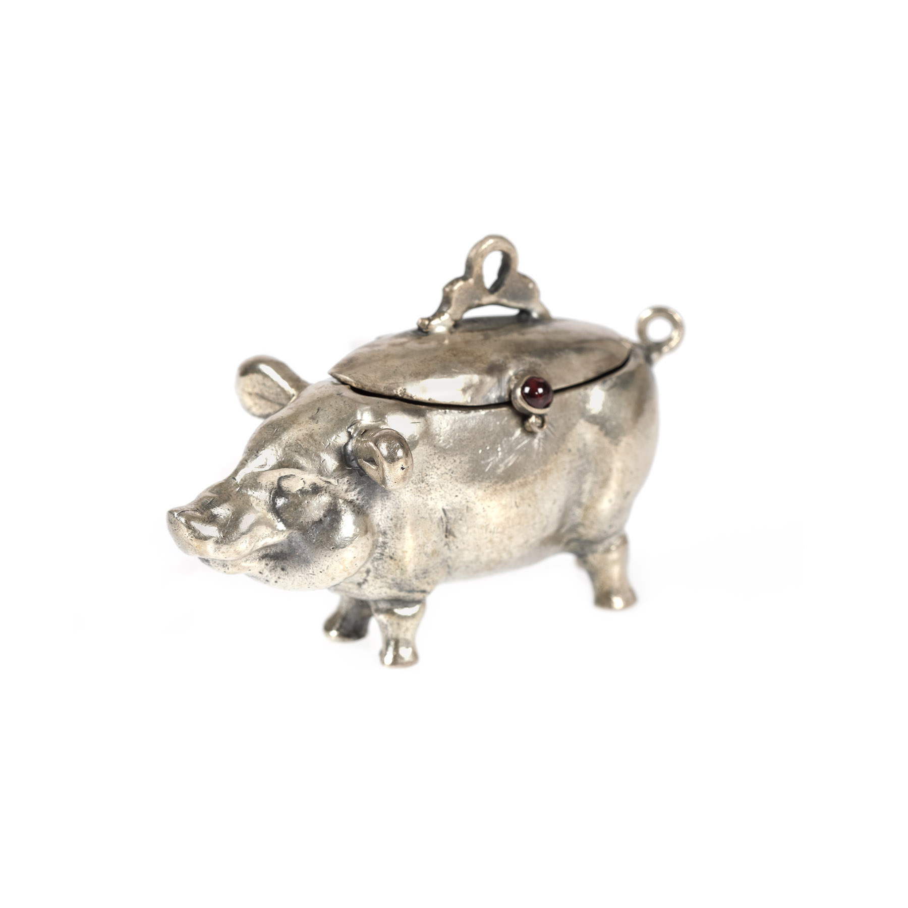Cutie miniaturală din argint, în forma unui porc