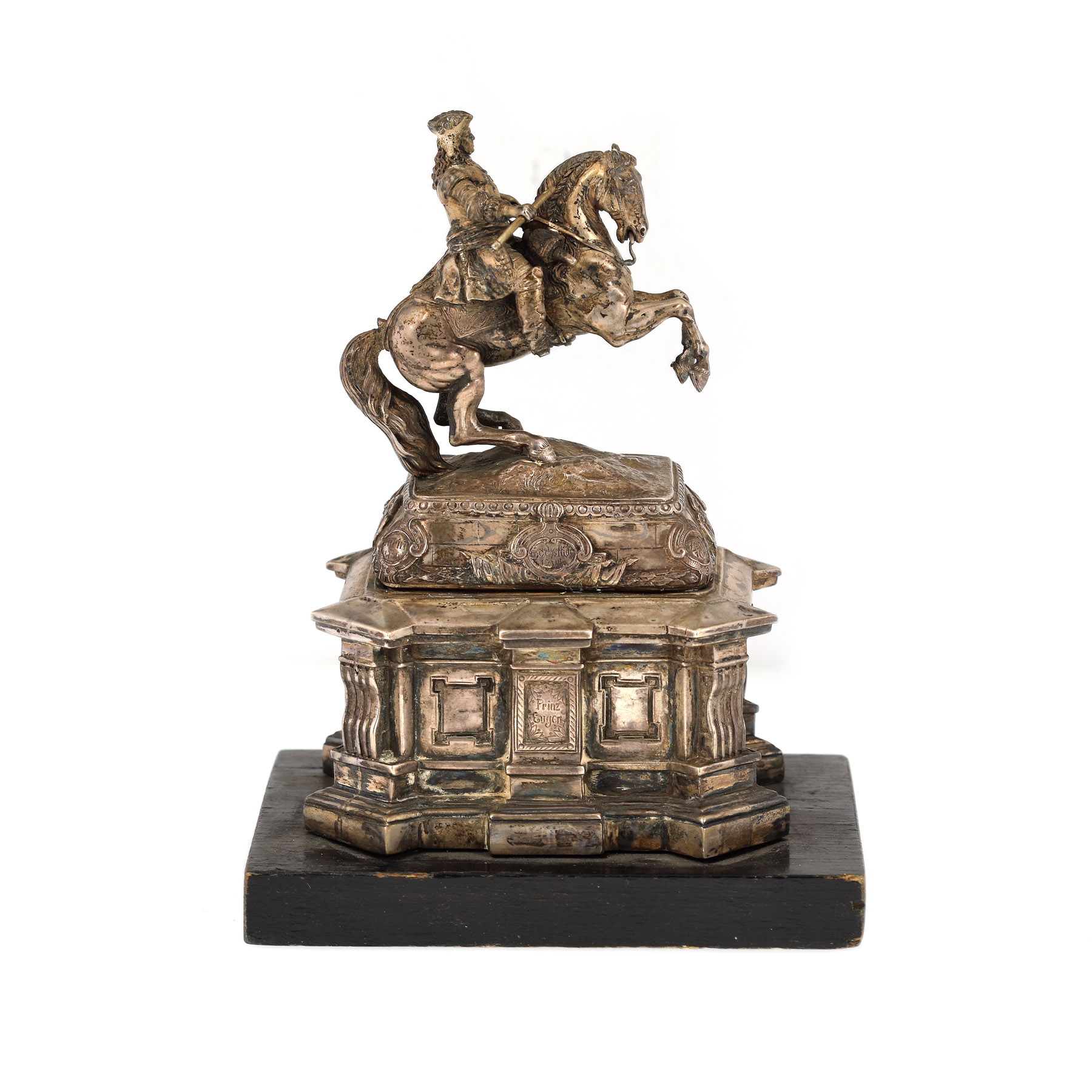 Statuetă decorativă din argint, realizată în forma unui monument miniatural dedicat Prințului Eugen de Savoia, cca. 1900