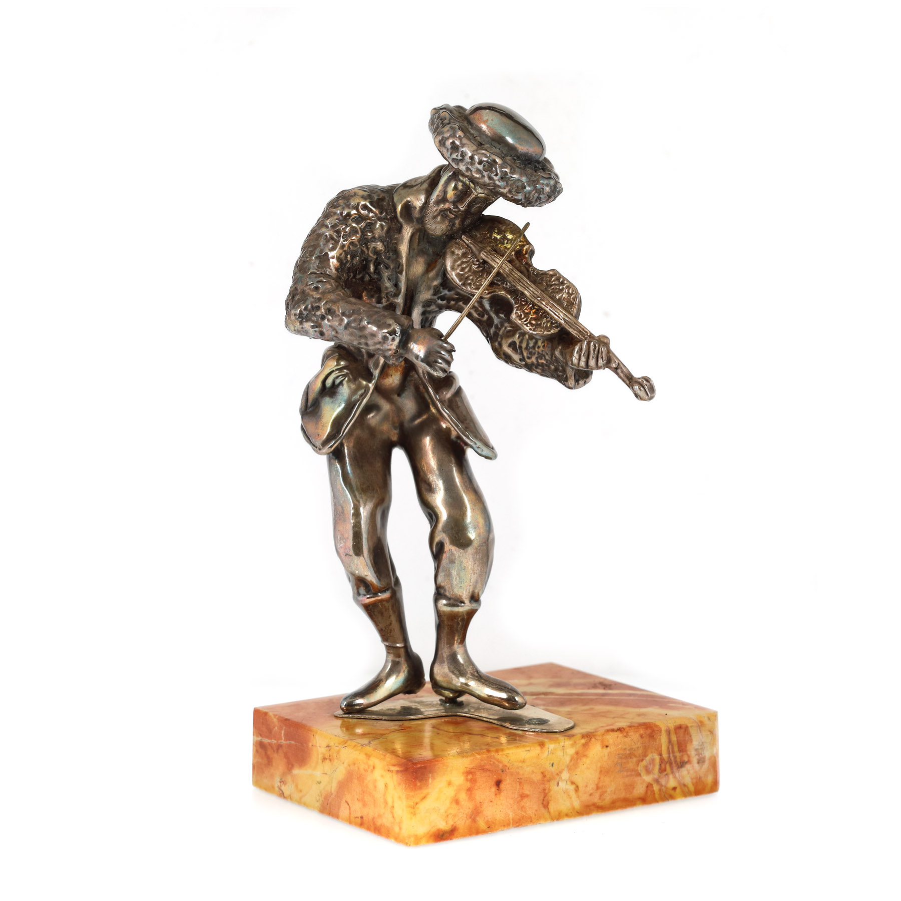Statuetă decorativă din argint, ilustrând un evreu galitian lăutar, pe postament de marmură