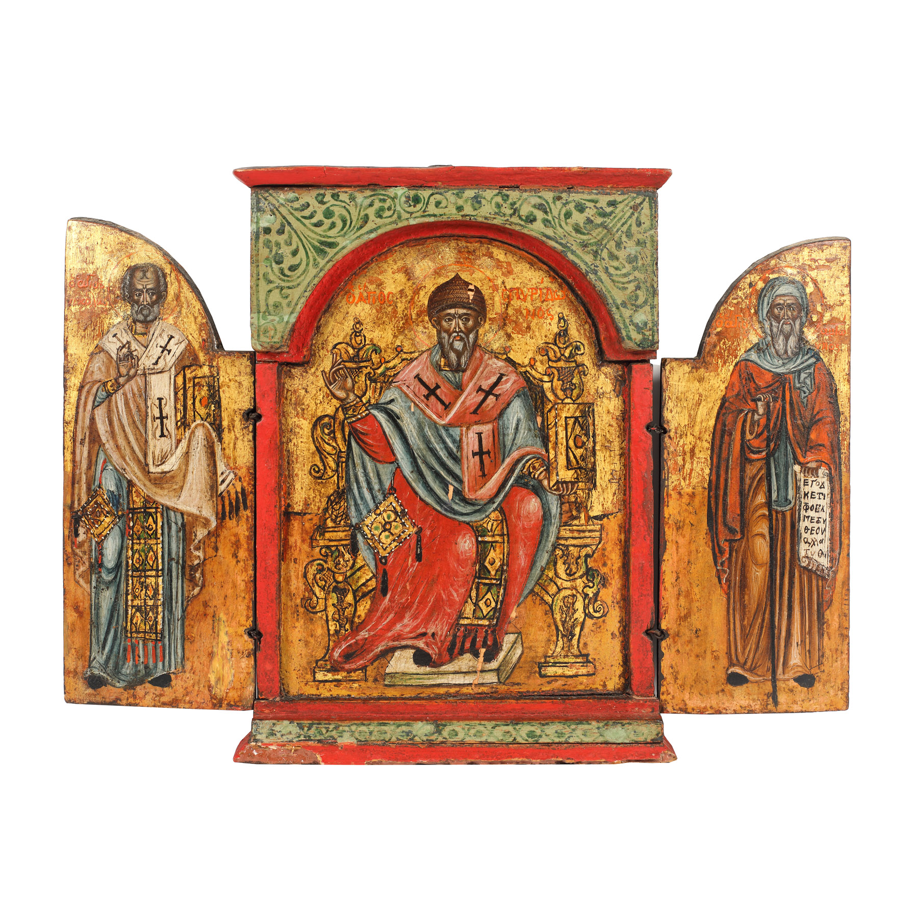 Triptic, ”Sfântul Spiridon, Sfântul Nicolae și Sfântul Antonie”, școală grecească, prima jumătate a sec. XVIII, de colecție