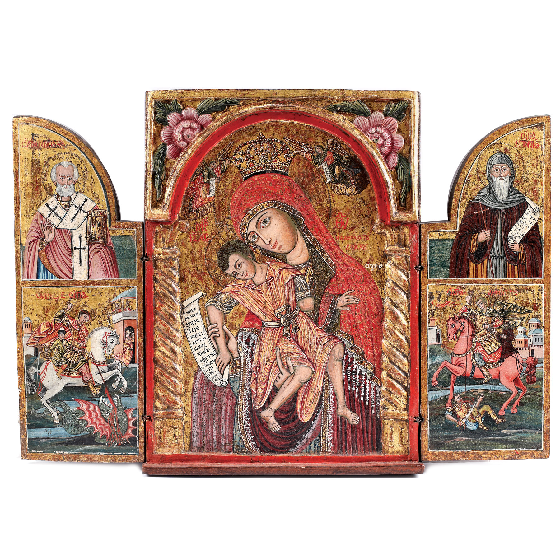Triptic, "Maica Domnului cu Pruncul (Eleusa), Sfântul Nicolae, Sfântul Gheorghe, Sfântul Dumitru și Sfântul Antonie”, școală grecească, 1719, piesă rară, de colecție