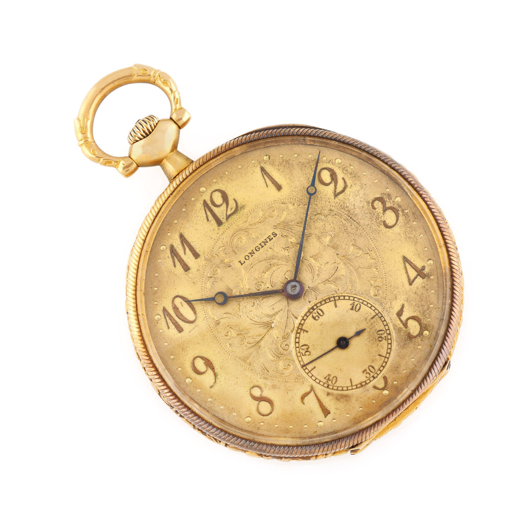 Ceas Longines din aur, de buzunar, cu carcasă ornată cu motive vegetale și monogramă, cca. 1940