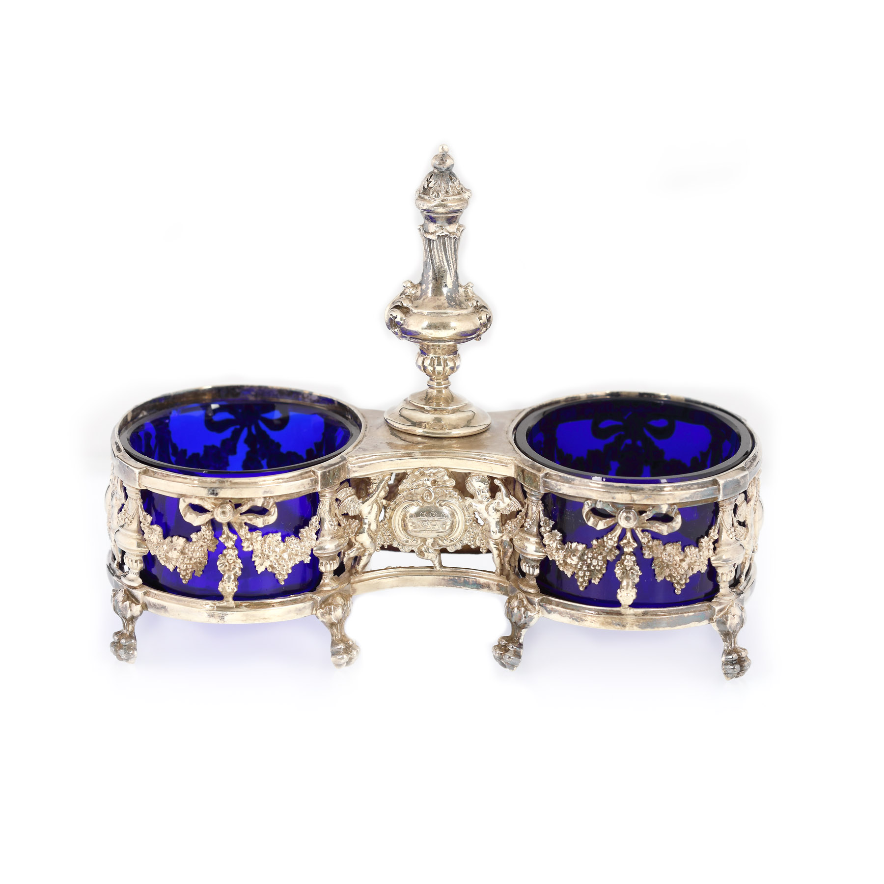 Salieră de inspirație Neo-Rococo, din argint și sticlă cobalt, cca. 1880