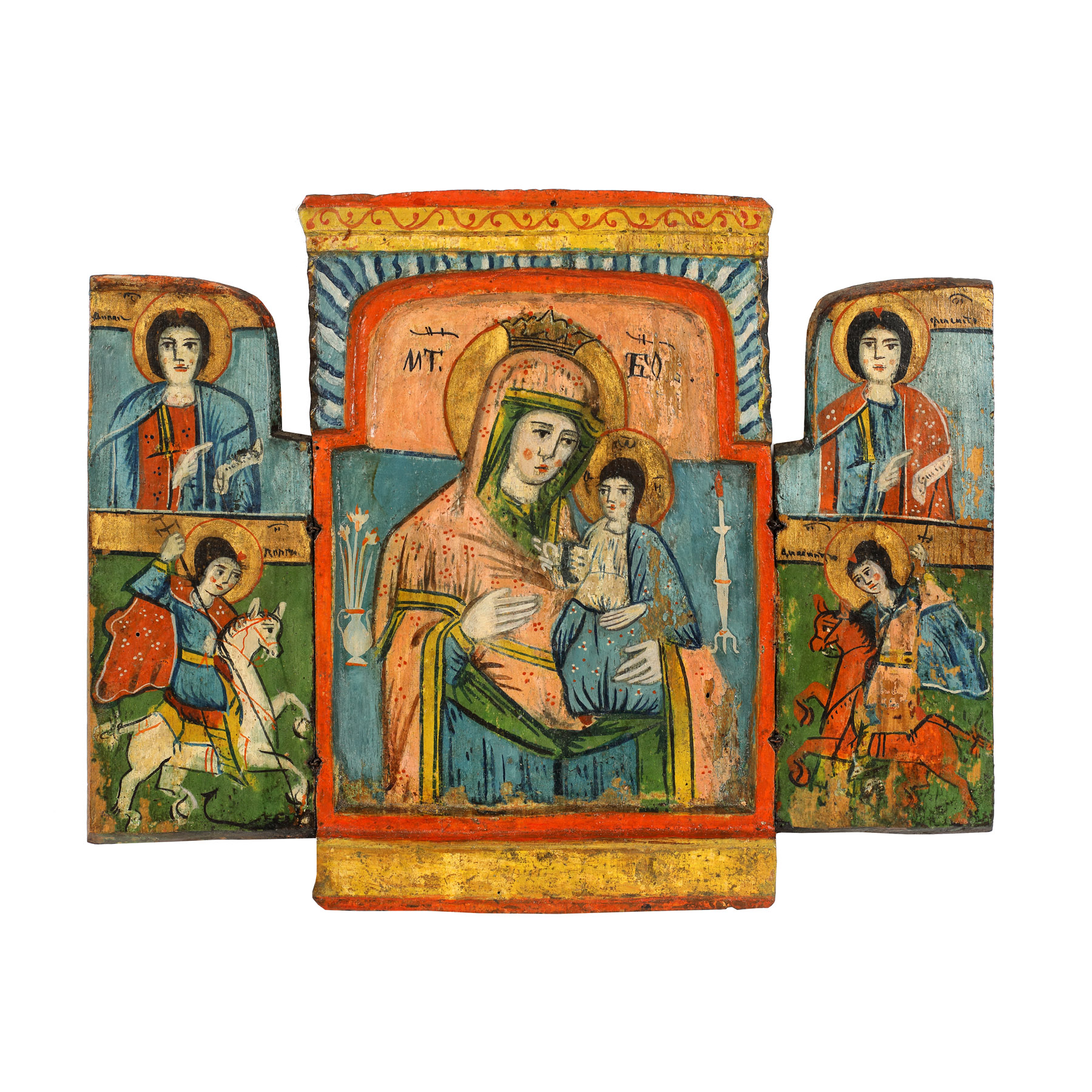 Triptic, "Maica Domnului cu Pruncul, Sfântul Gheorghe și Sfântul Dimitrie", școală sud-dunăreană, sec. XIX