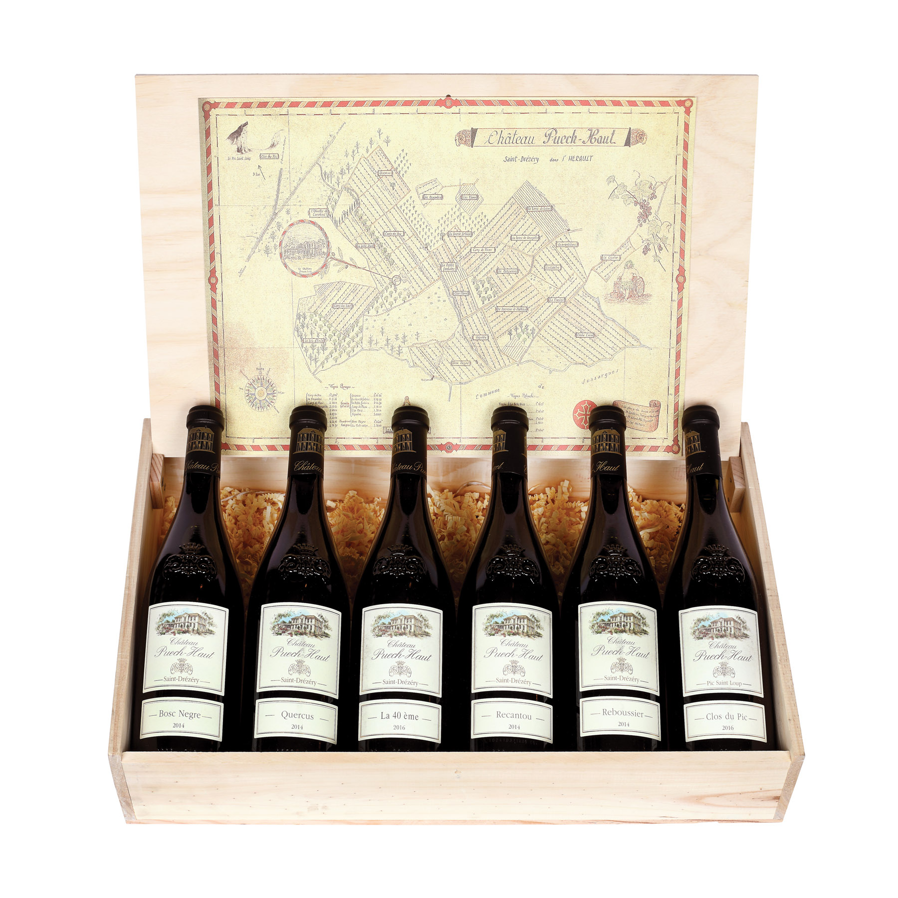 Lot impresionant Les Parcellaires Puech Haut Rouge, în cutia originală din lemn, 2014, 6st x 0,75l 