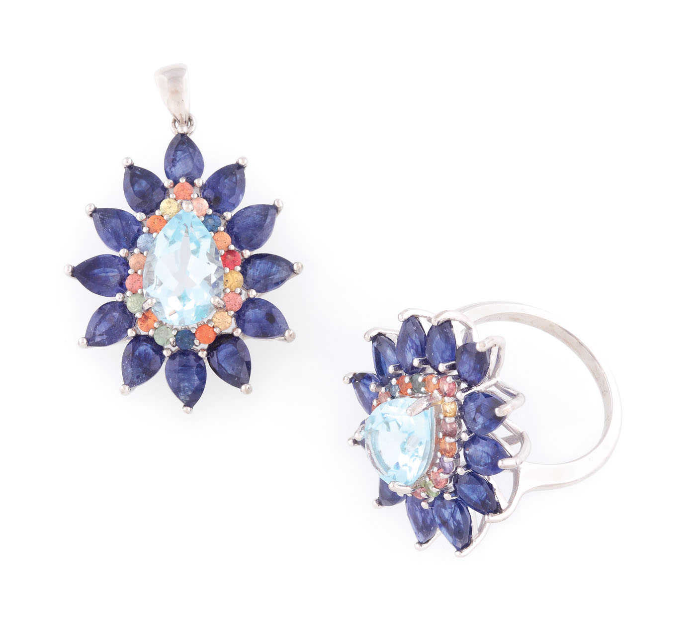 "Cornflowers" - Set consisting of a gilded silver pendant and ring, decorated with topazes and multi-colour sapphires