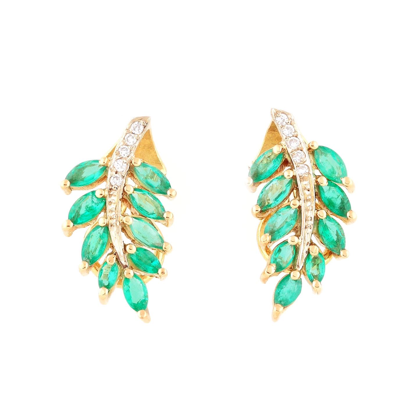 Pair of gold earrings, ornate with emerald and diamond branches