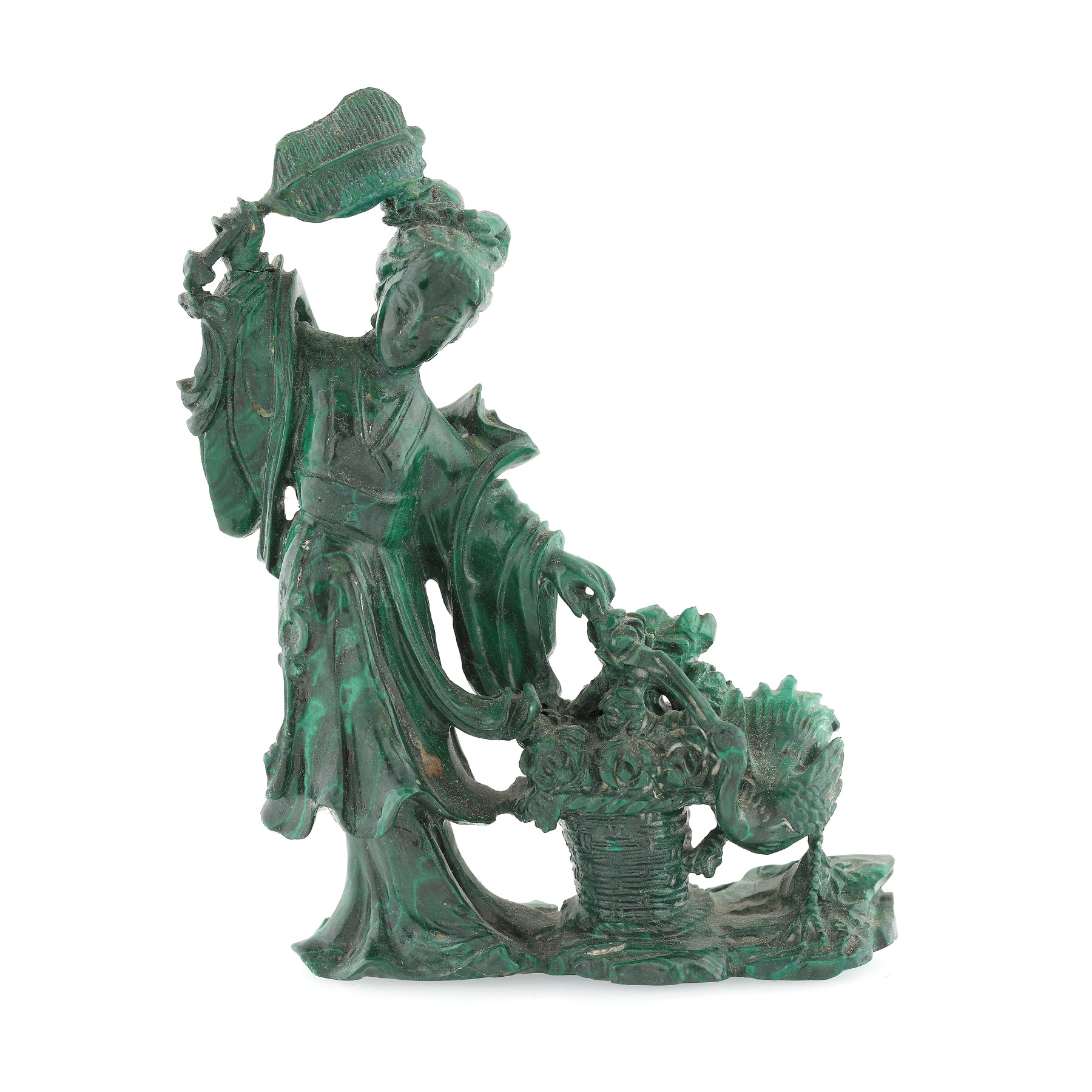 Sculptură din malachit, ilustrând-o pe zeița taoistă Magu, purtătoare a elixirului longevității, sfârșitul dinastiei Qing, China, începutul sec. XX