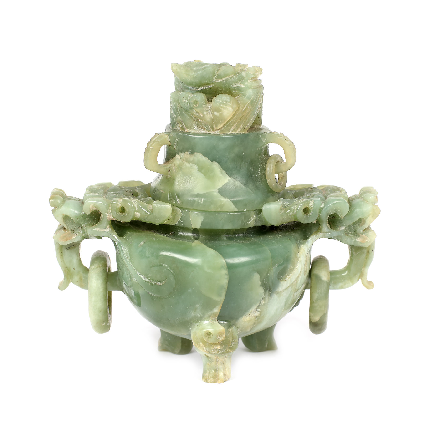 Brûle-parfum din serpentin, decorat cu anse budiste, perioada dinastiei Qing, China, sec. XVIII-XIX