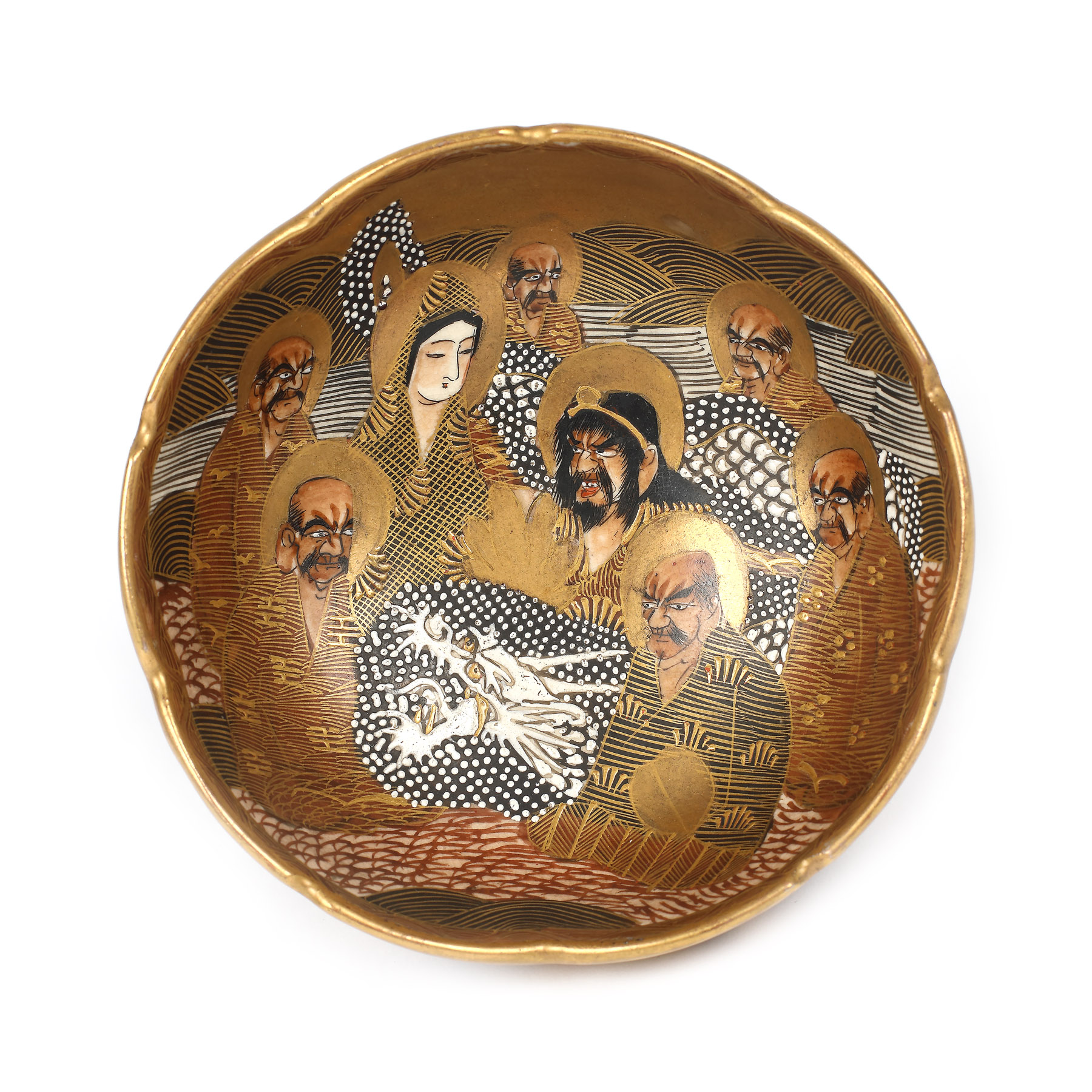 Bol din ceramică, reprezentându-i pe "Cei opt nemuritori", manufactura Satsuma Shimazu, perioada Meiji, Japonia, cca. 1868-1912