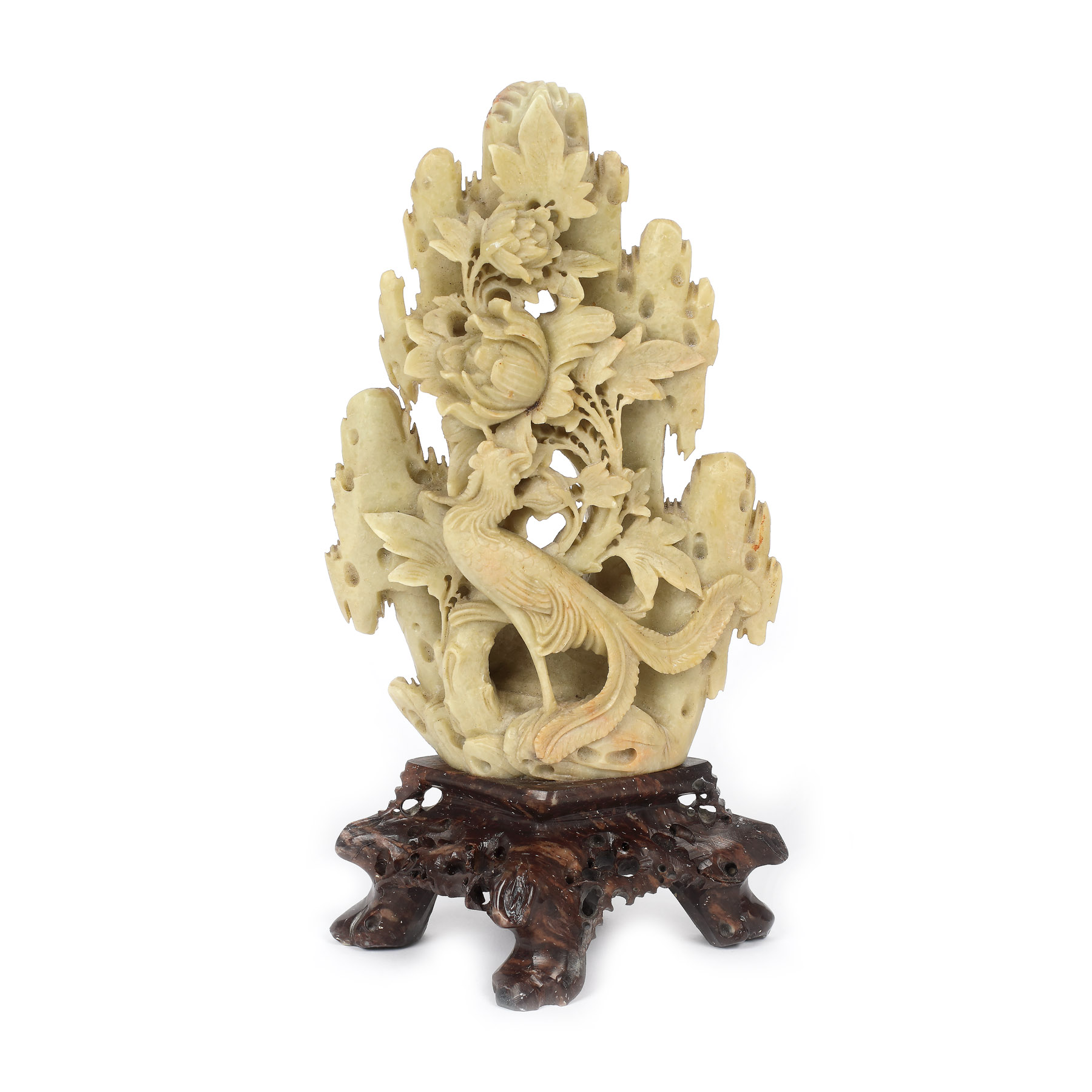 Sculptură din steatit, reprezentând o pasăre Phoenix și bujori, perioada Republicană, China, cca. 1912-1949