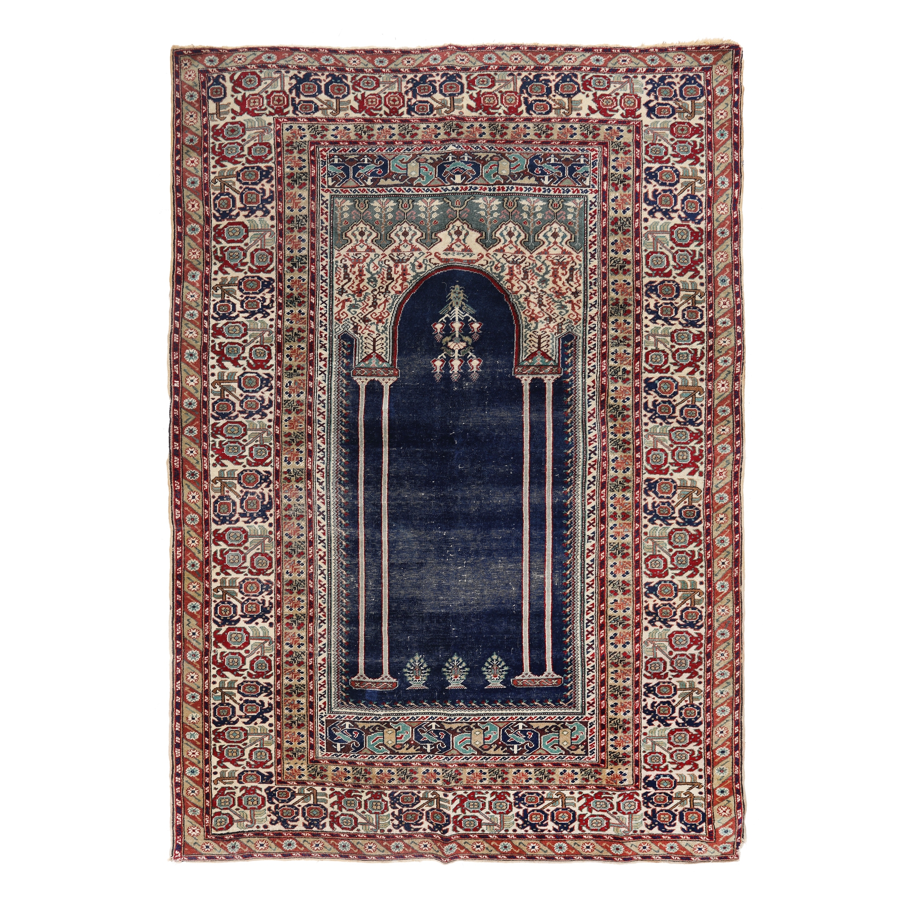 Covor Kayseri din lână și bumbac, pentru rugăciune, decorat cu mihrab și motive geometrice stilizate, Turcia, cca. 1900