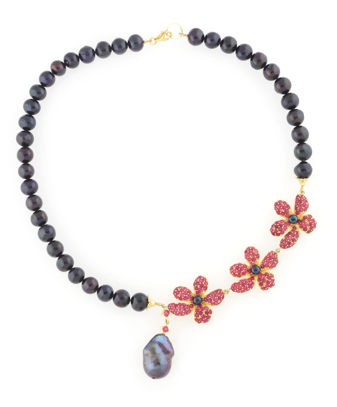 Pearl necklace decorated with flower-shaped sapphire pendants