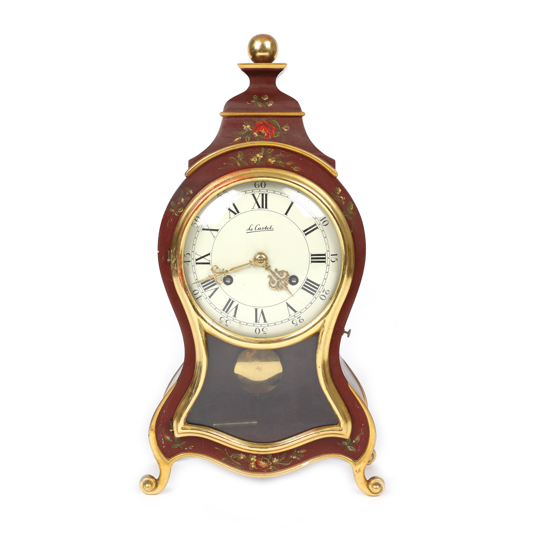 Ceas cu pendul Le Castel, de inspirație Louis XVI, pictat manual cu decor floral