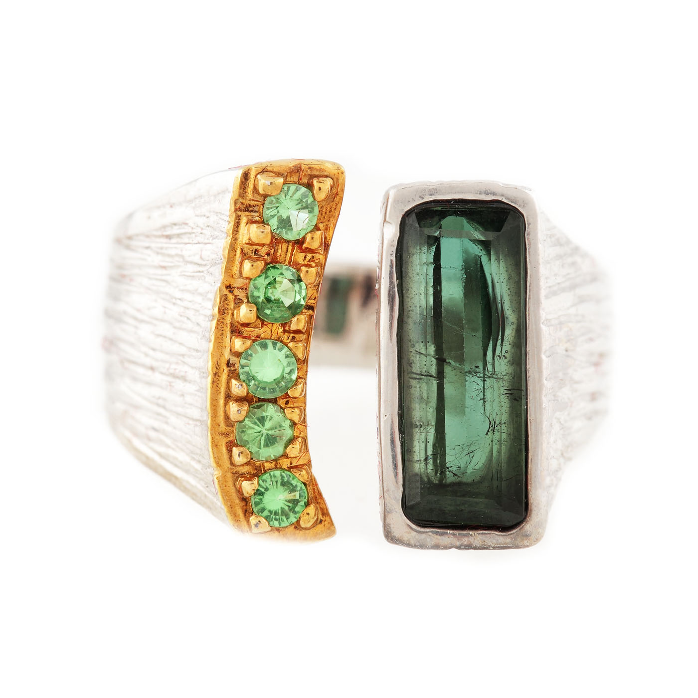 Partially gilded silver ring, decorated with a tourmaline and tsavorites