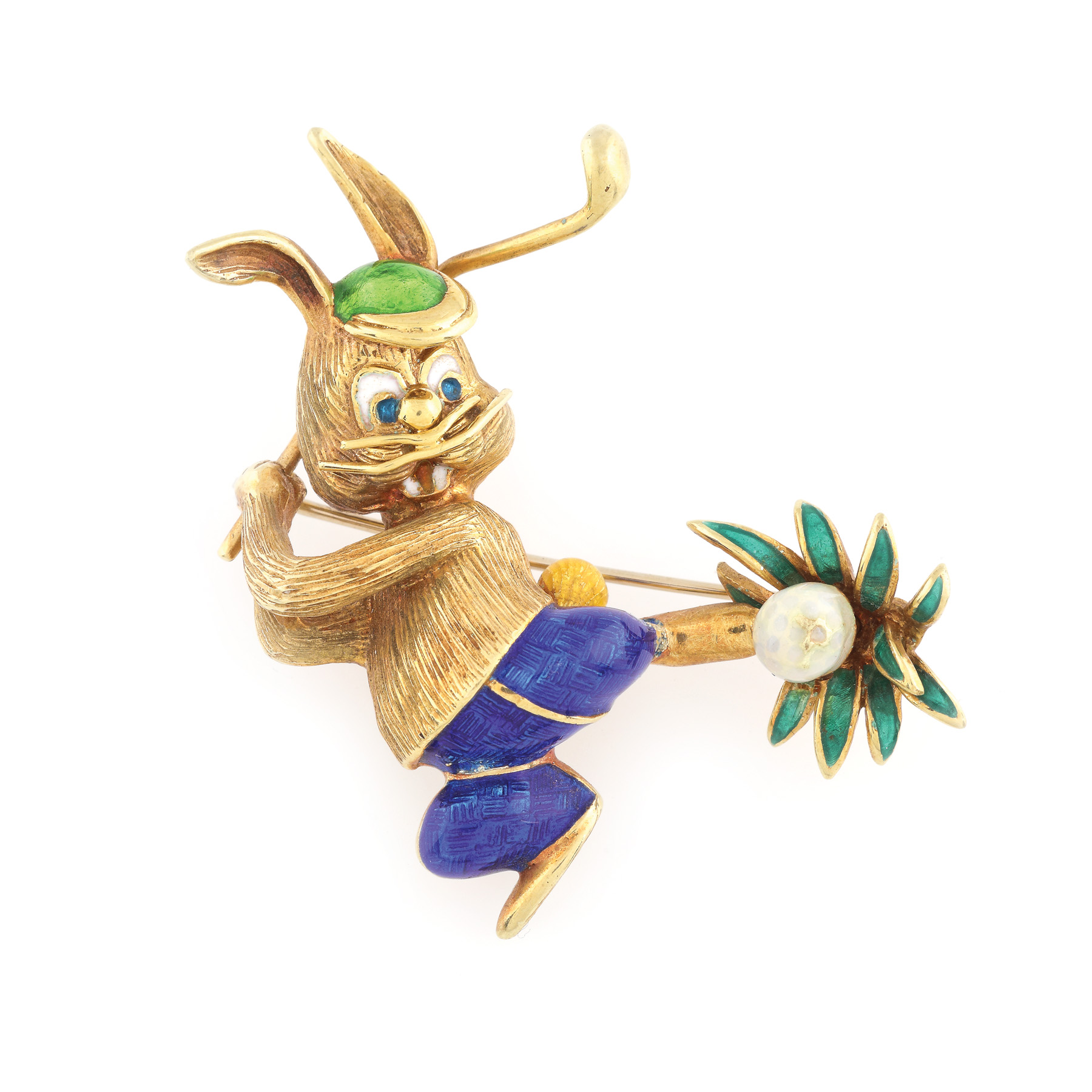 ”Bunny golfing” - broșă din aur, decorată cu email