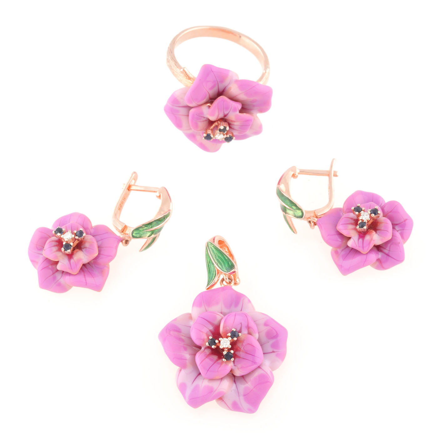 ”Pink roses” - set format din inel, pandantiv și pereche de cercei, din argint aurit, decorat cu diamante, safire și email