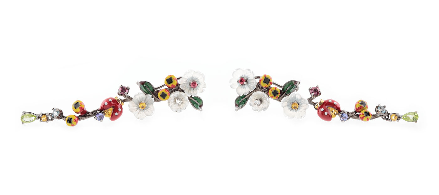 "Summer garden" - pair of silver earrings decorated with diamonds, precious stones and enamel