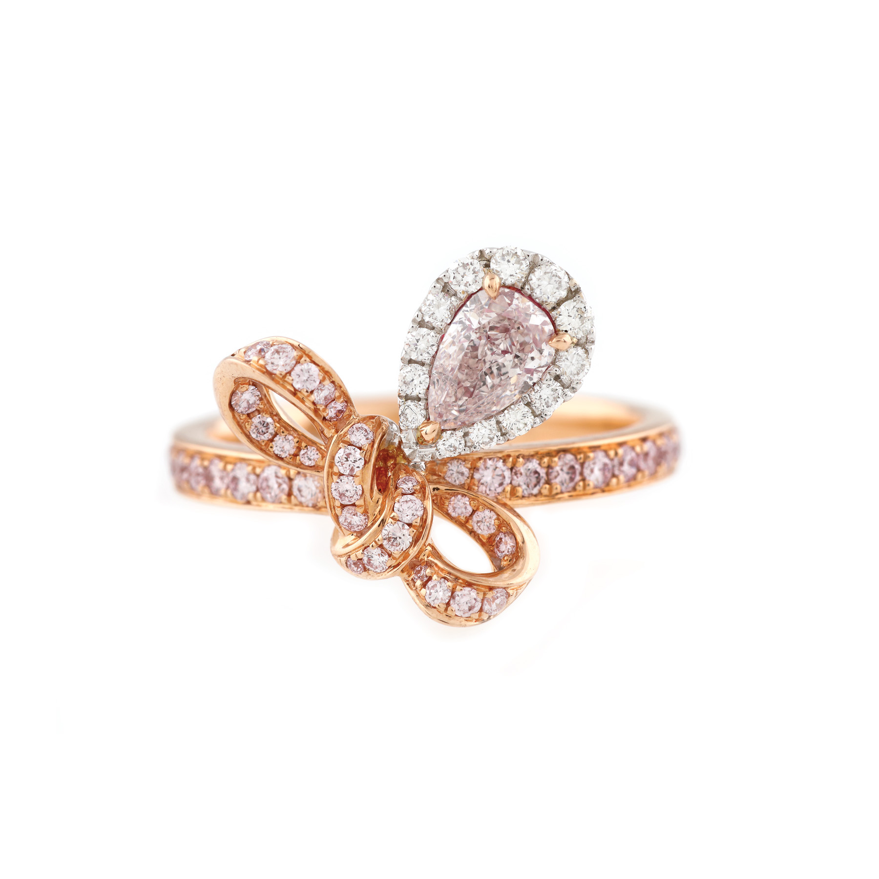 ”Pink Bow” - inel din aur, decorat cu un diamant light pink și briliante albe și roz