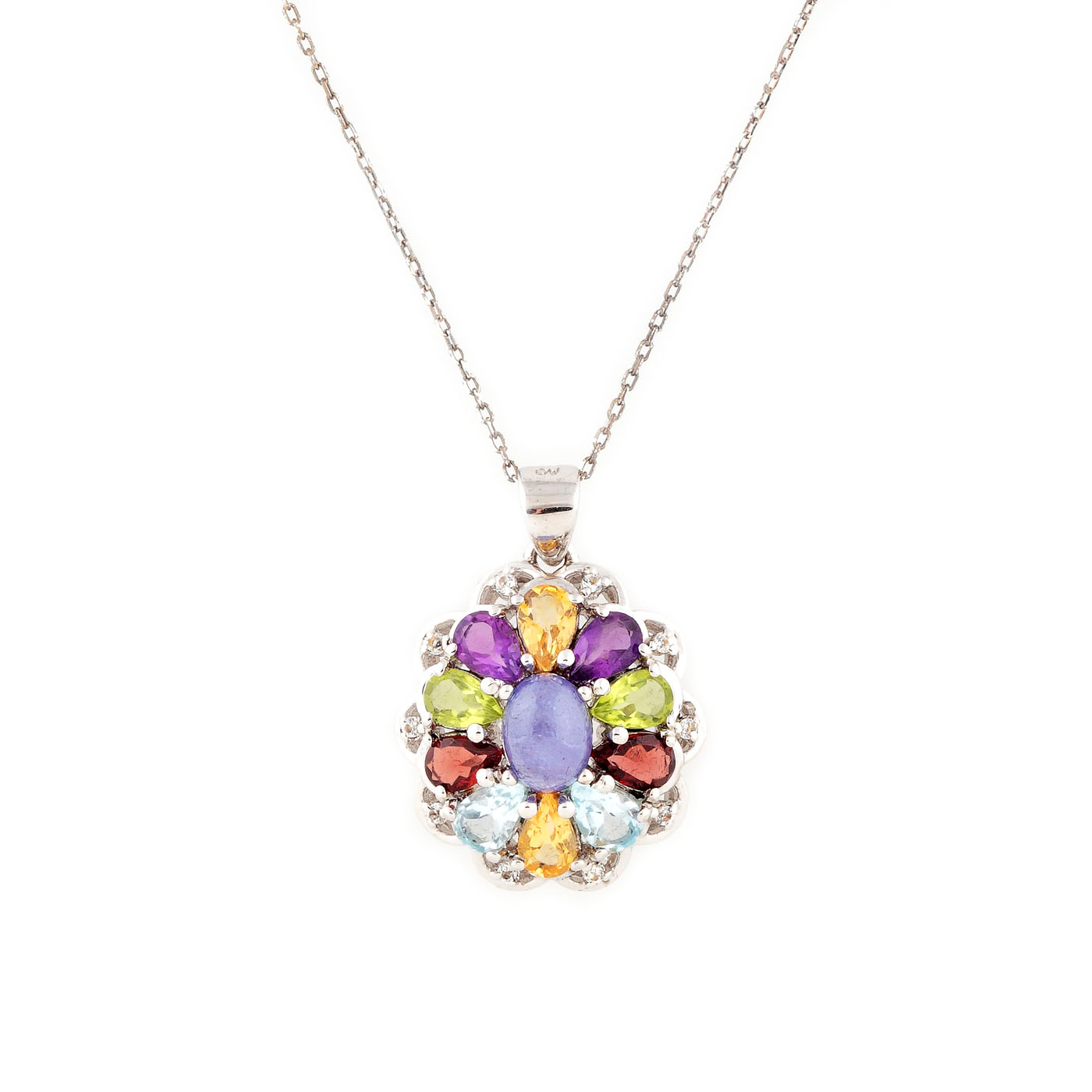 Gilded silver chain and pendant, decorated with precious and semi-precious stones
