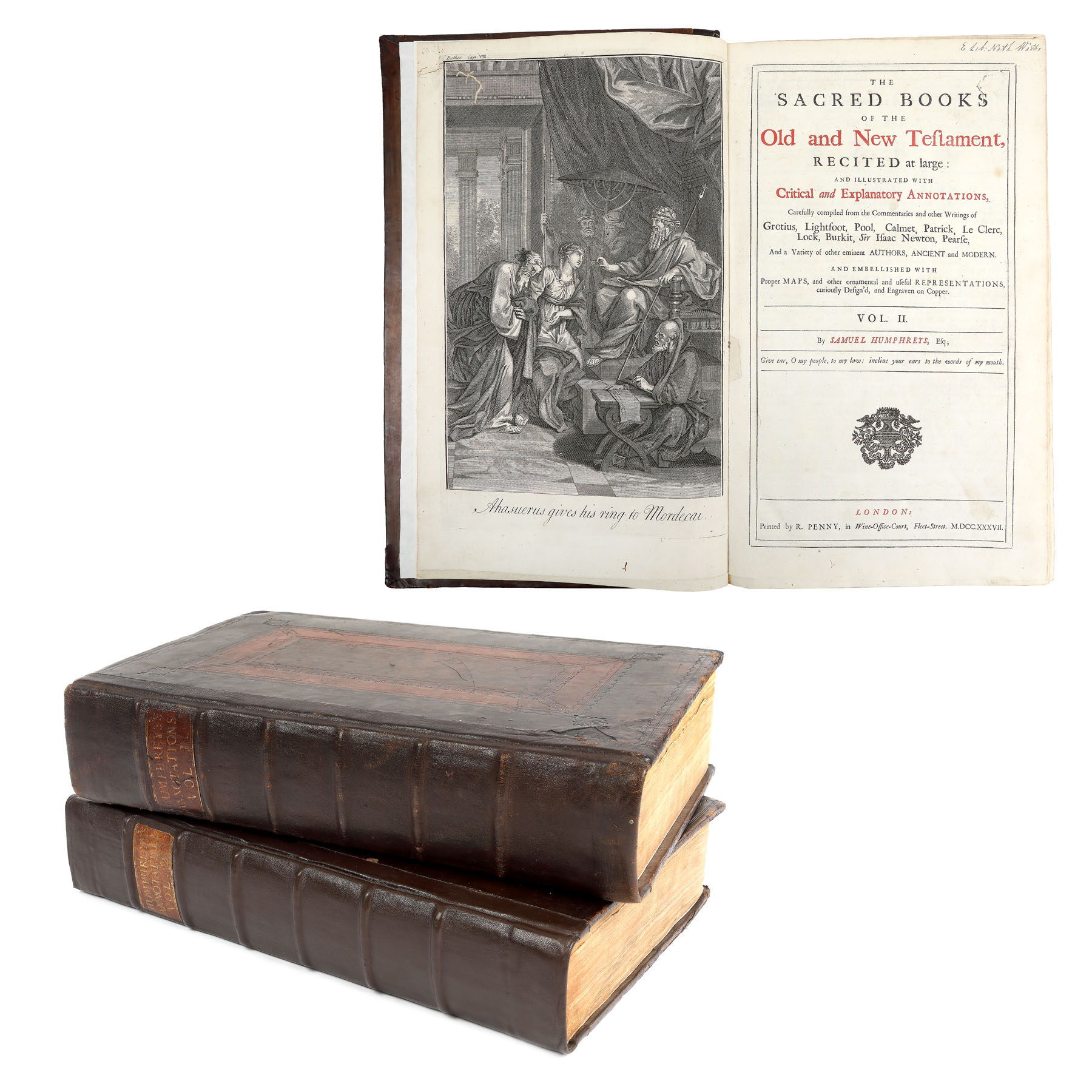 "Cărțile sacre ale Noului și Vechiului testament", de Samuel Humphreys, două volume, engleză, Londra, 1735, cu ex-libris Galfridi Barrovi și Nath Watts, conține 40 de gravuri dintre care două duble și o hartă