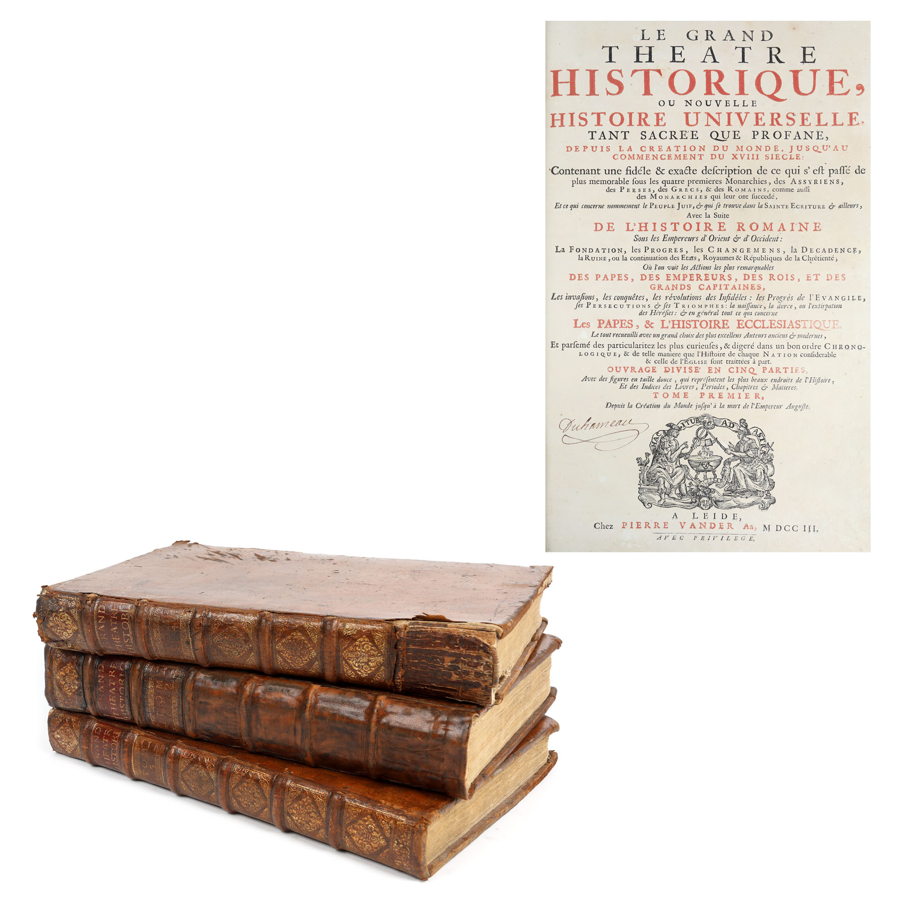 "Marele teatru istoric sau noua istorie universală", publicată de Pierre Vander, franceză, cinci volume, Leiden, 1703, cu o hartă a lumii dublă, șapte portrete și 561 de gravuri în text