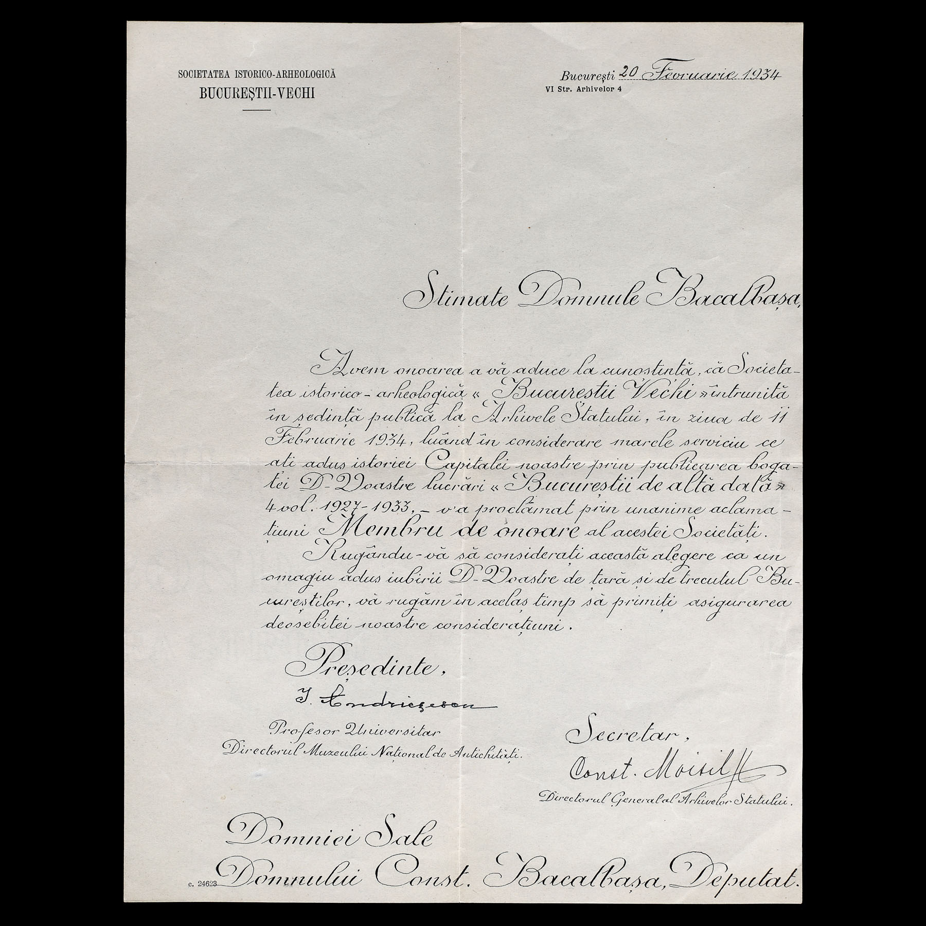 Scrisoare trimisă de arheologul Ioan Andrieșescu către jurnalistul Constantin Bacalbașa, în care este numit membru de onoare al Societății istorico-arheologică ”Bucureștii Vechi”, București, 20 februarie 1934, cu semnăturile olografe ale lui Ioan Andrieșescu și a istoricului Constantin Moisil