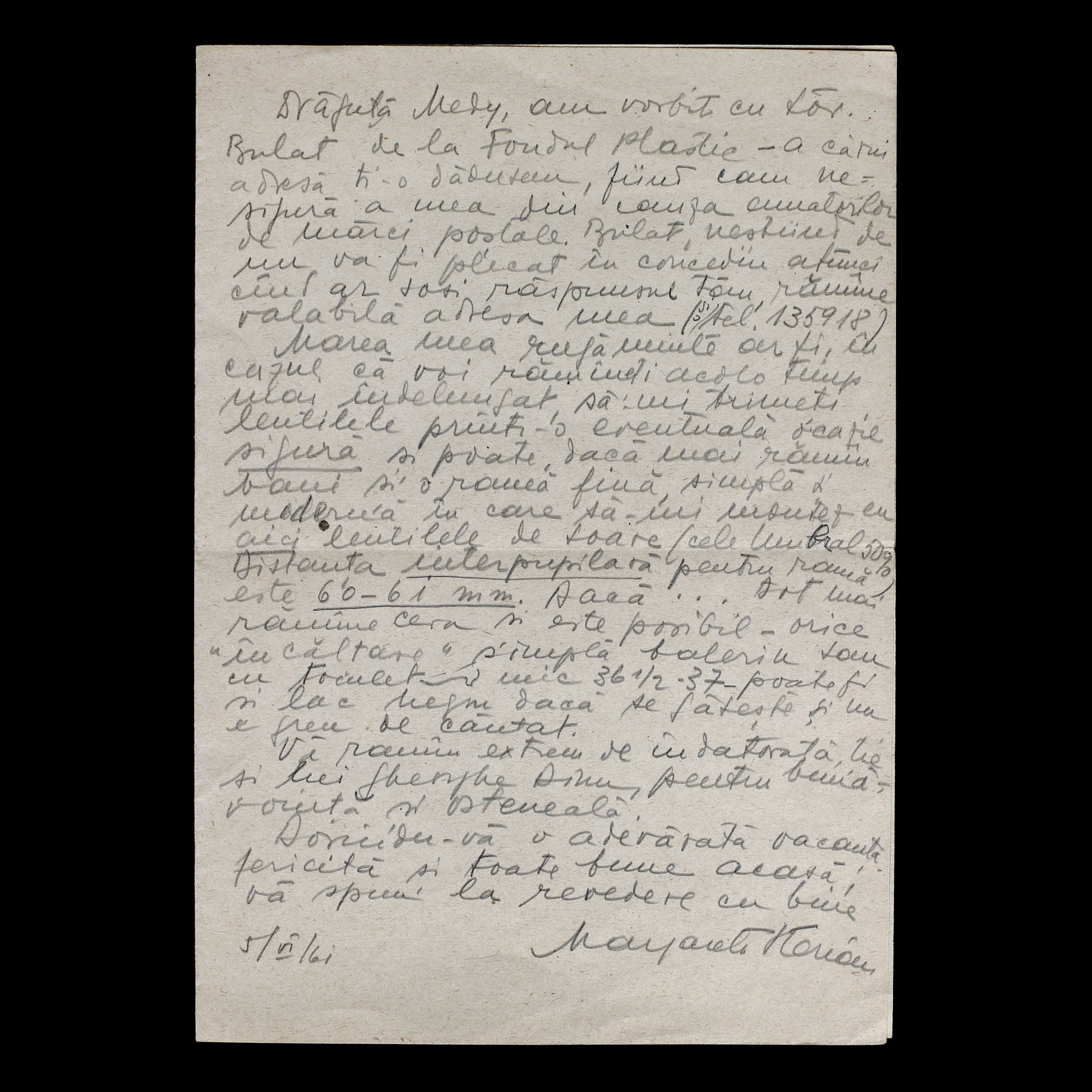 Scrisoare trimisă de Margareta Sterian către Medy Dinu (soția lui Stephan Roll) în care îi solicită ajutorul pentru achiziționarea unor rame, 5 iunie 1961, cu semnătura olografă a pictoriței