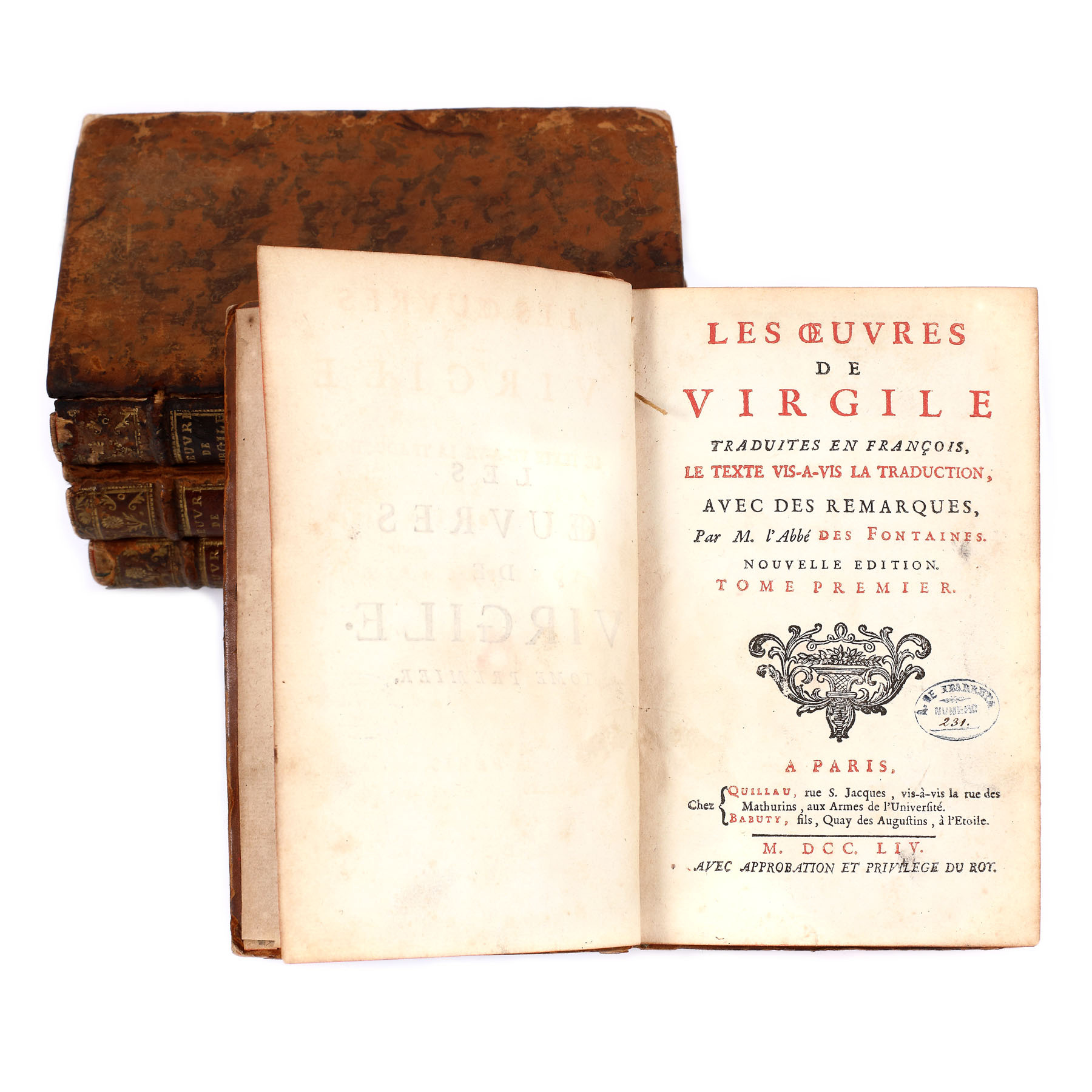 ”Operele lui Virgil” (Les Oeuvres de Virgile), tradusă în franceză de abatele des Fontaines,  ediție bilingvă latino - franceză, patru volume, Paris, 1754