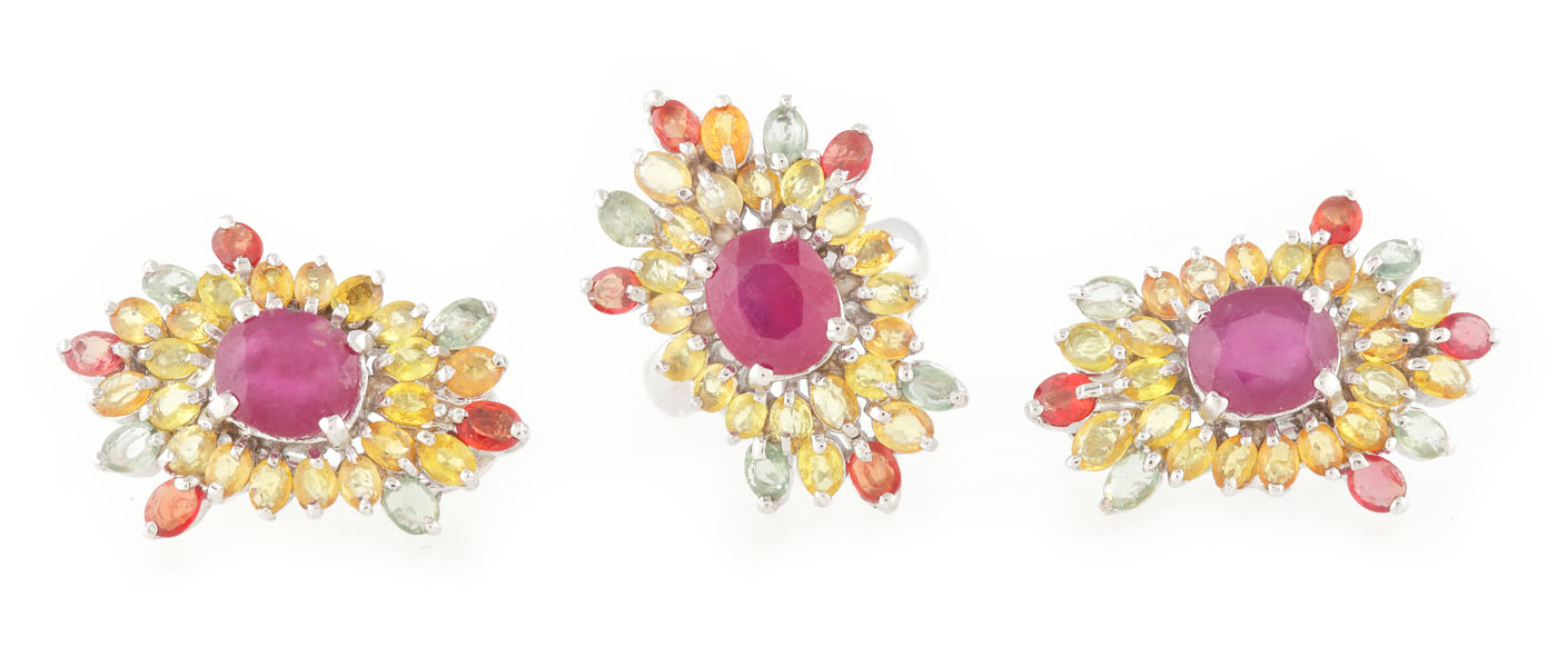 Set consisting of a gilded silver ring and pair of earrings, decorated with rubies and multi-colour sapphires