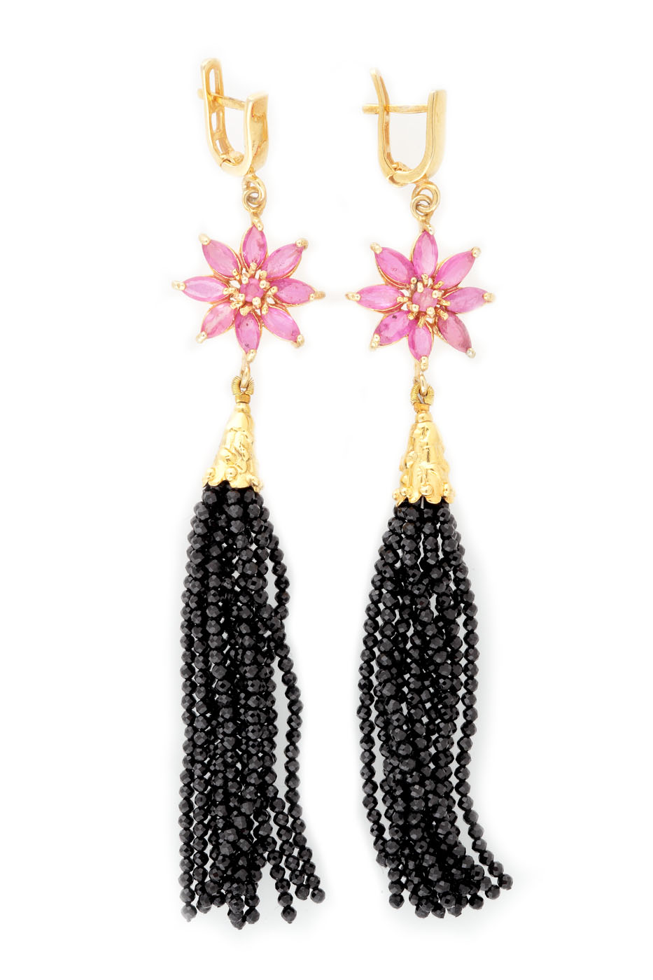 Pair of gilded silver earrings, decorated with sapphires and spinels