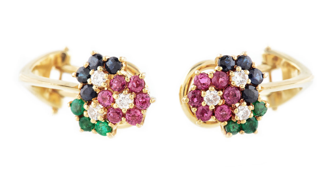 Pair of gold earrings, decorated with rubies, emeralds, sapphires and diamonds in a flower bouquet