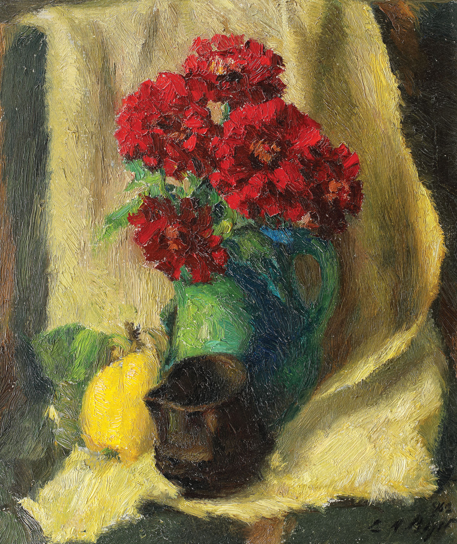 Still life with Crysanthemums and quince