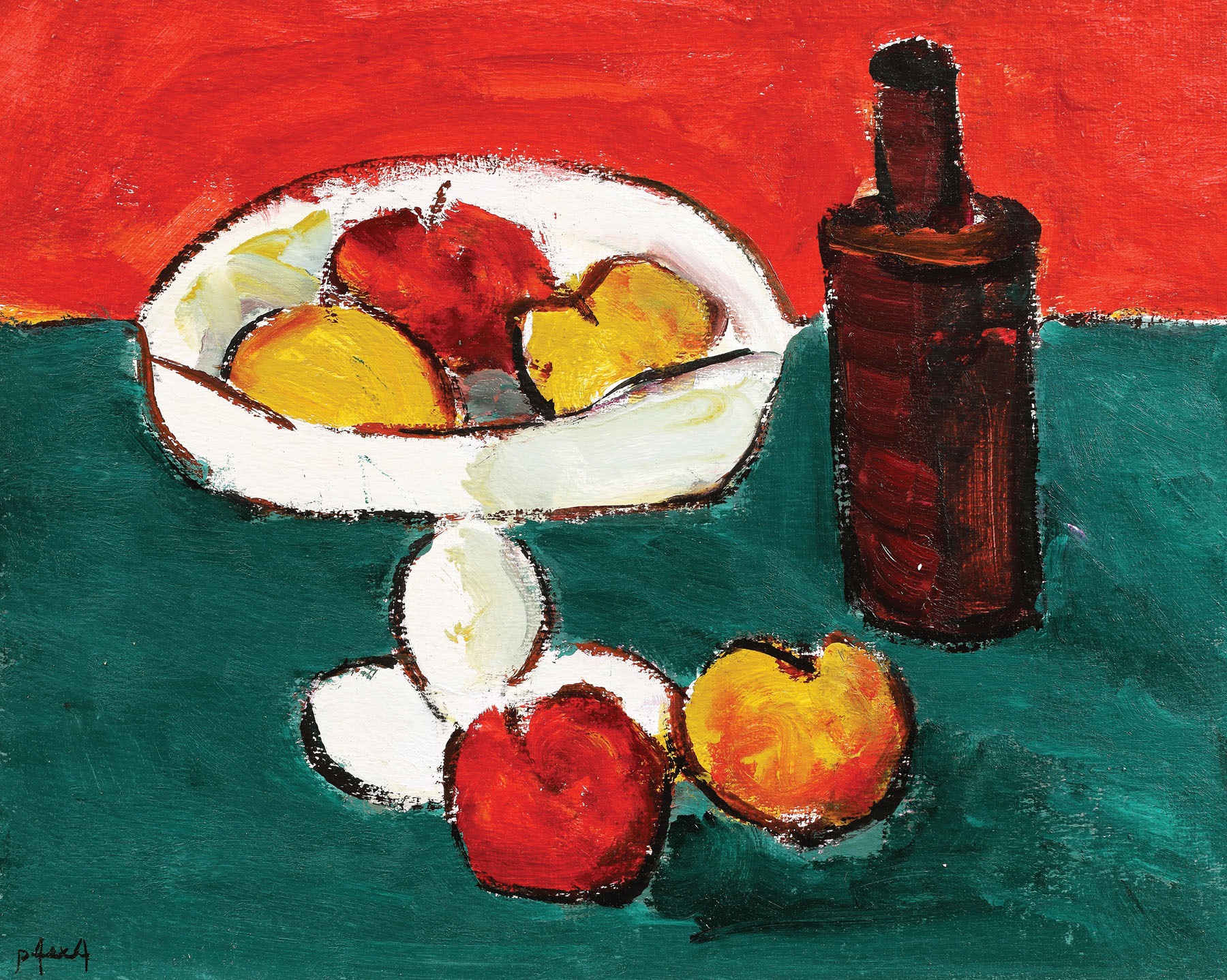 Still life with apples and wine bottle