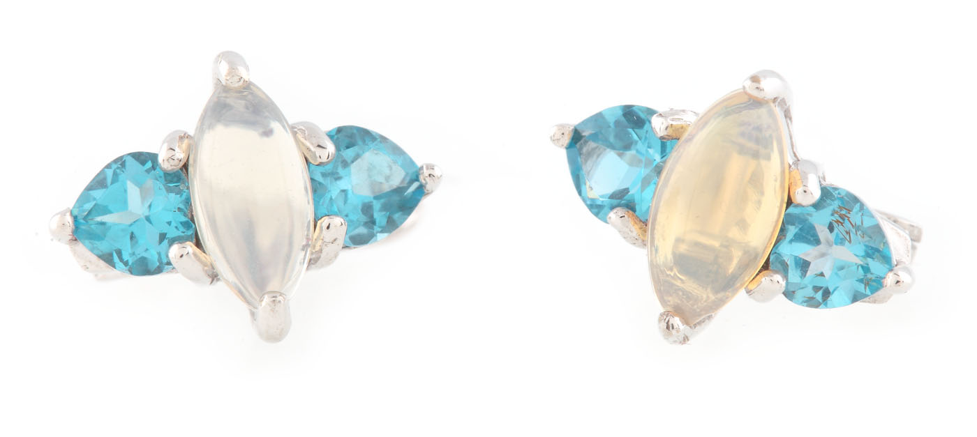 Pair of gilded silver earrings, decorated with opals entoured by topazes