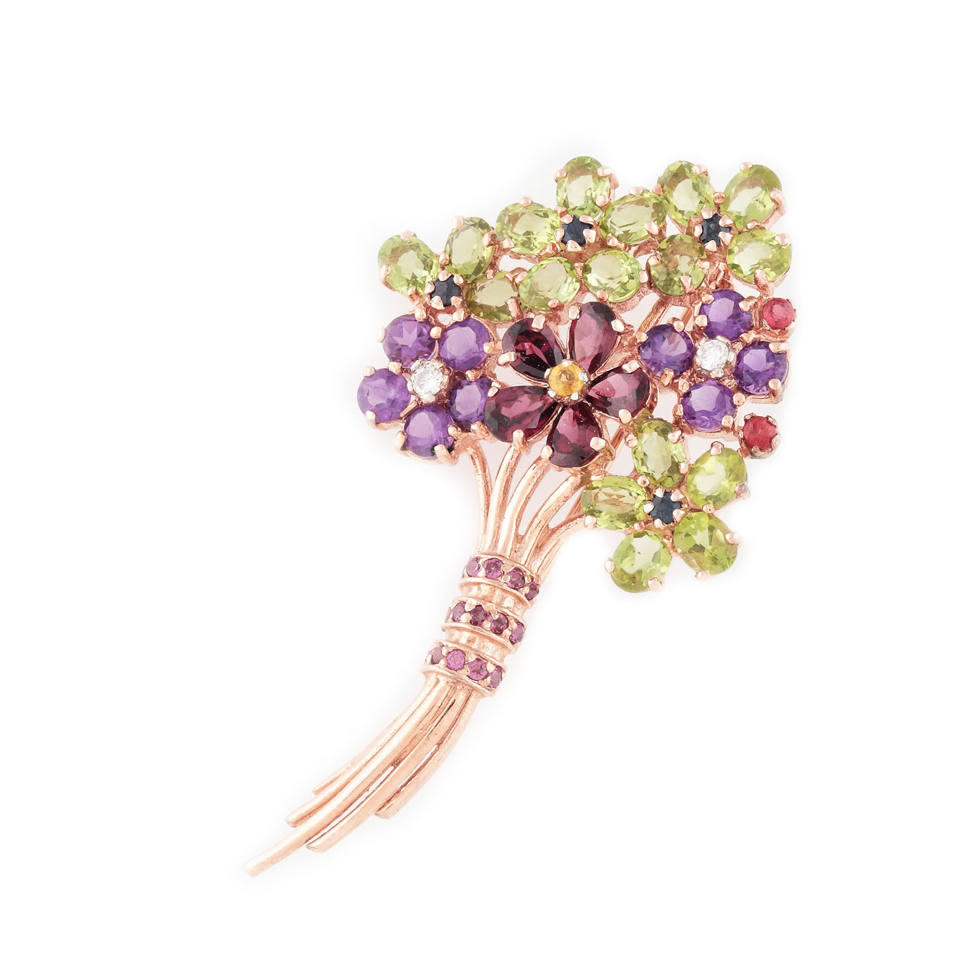 "Flower Bouquet" - gilded silver brooch, decorated with diamonds and precious stones