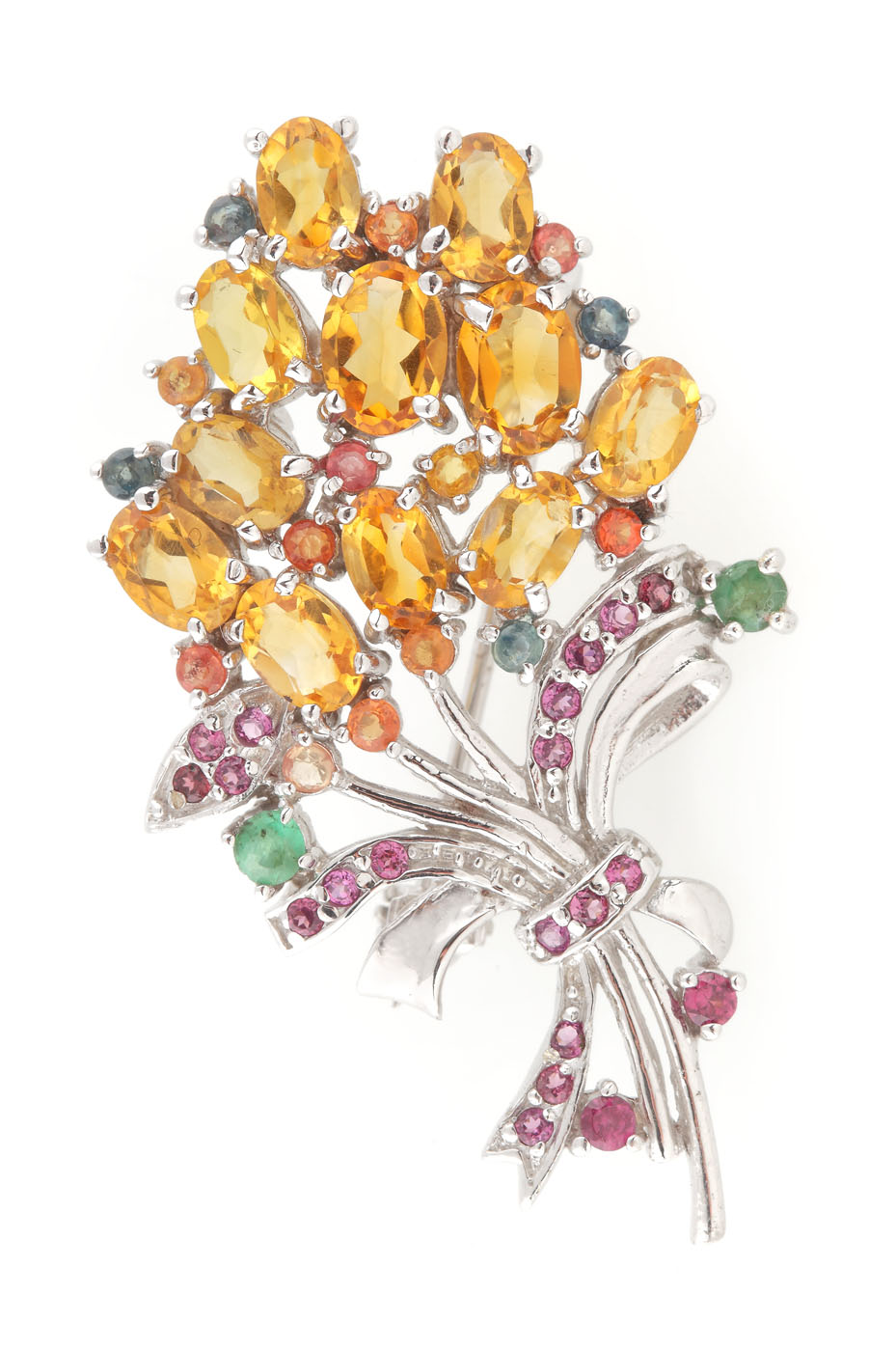 ”Buchet de narcise”- broșă din argint aurit, decorată cu citrine, safire, smaralde și rodolite