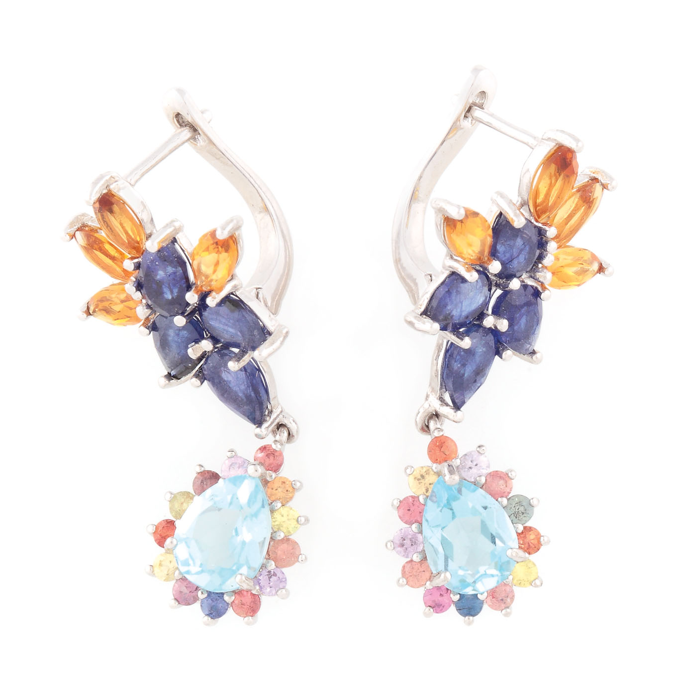 "Cornflowers" - pair of gilded silver earrings, decorated with precious stones
