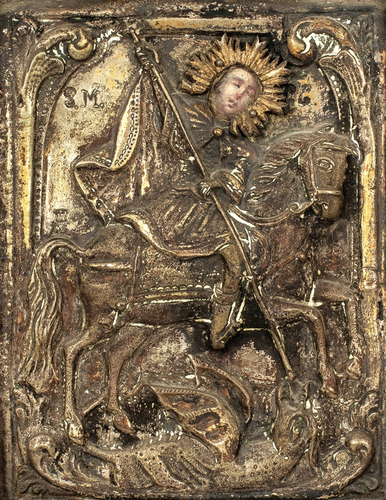 Icoană pe lemn, cu ferecătură din argint, ”Sfântul Gheorghe ucigând balaurul”, școală românească, sfârșitul sec. XIX, provine din colecția familiei eroului Poenaru-Bordea, primul ofițer român căzut în lupta pentru eliberarea Transilvaniei în Primul Război Mondial