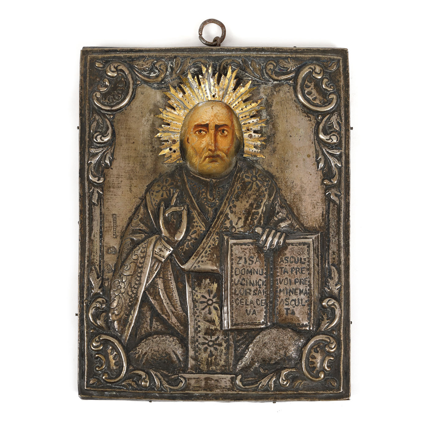 Icoană pe lemn, cu ferecătură din argint, ”Sfântul Nicolae”, școală românească, sfârșitul sec. XIX - începutul sec. XX