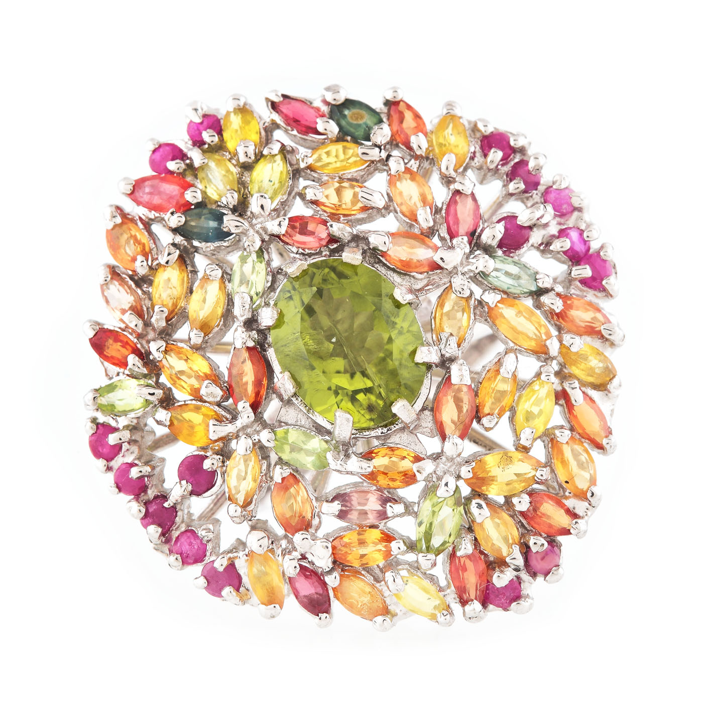 "Autumn flowers" - inel din argint,  decorat cu peridote, safire multicolore și rubine